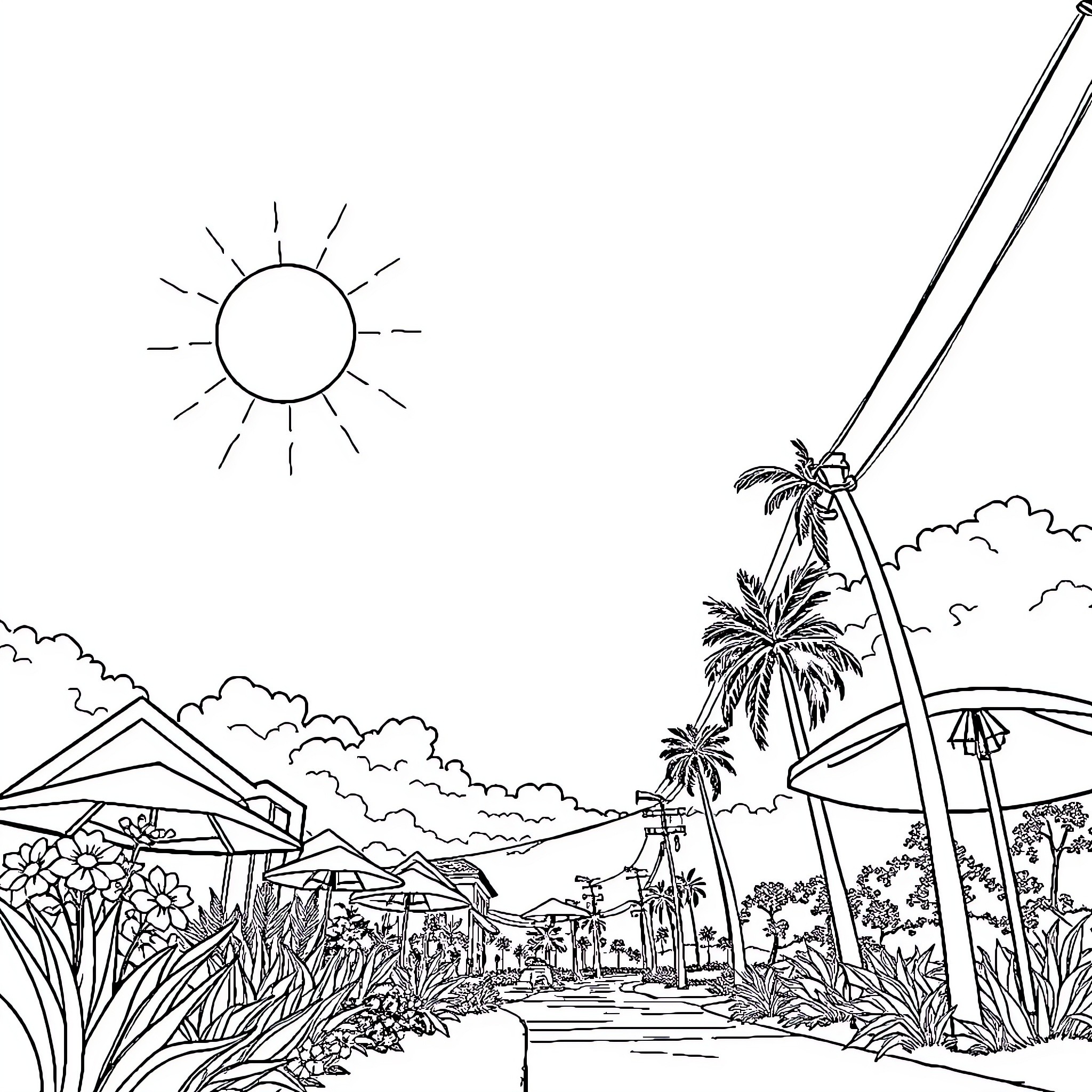 Summer Scene with Tropical Landscape Coloring Page (free black-and-white line drawing printable PDF for all, from beginners to advanced learners, including children, teens, adults, and seniors)