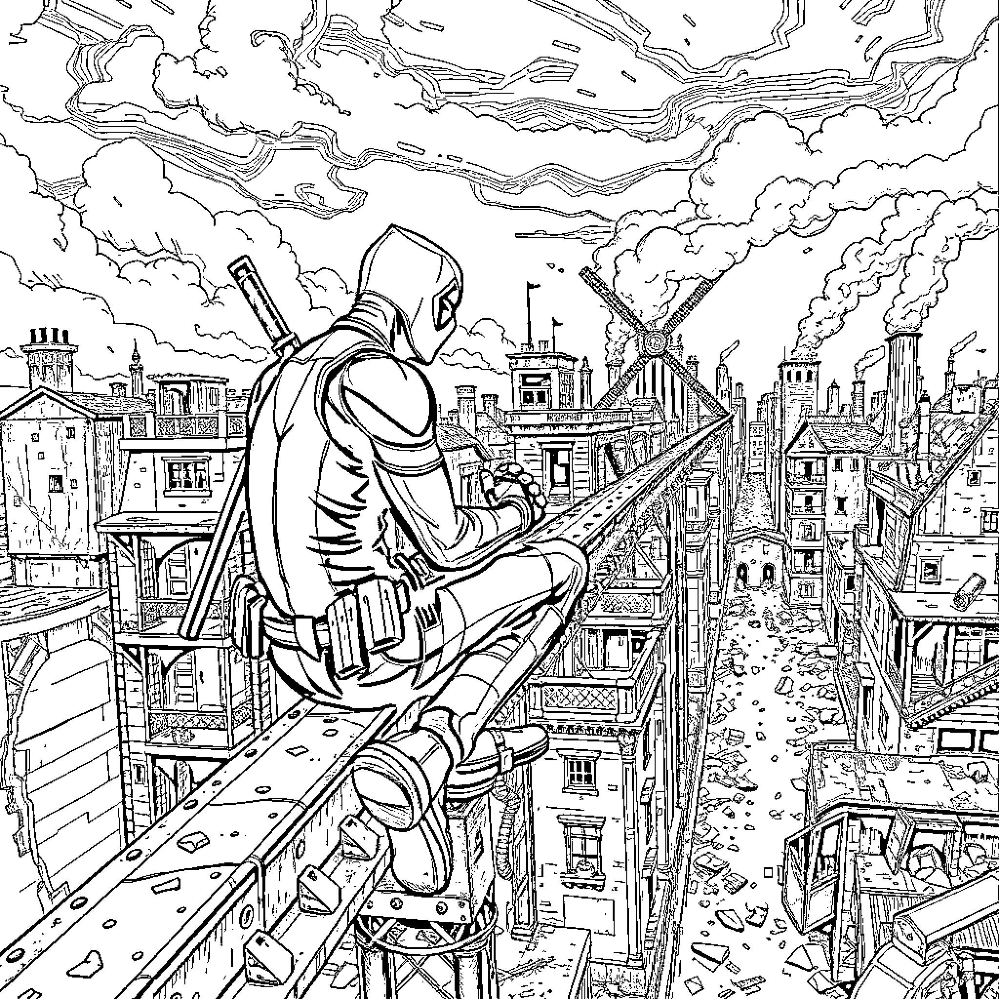 Deadpool overlooking the chaotic city below Coloring Page (free black-and-white line drawing printable PDF for all, from beginners to advanced learners, including children, teens, adults, and seniors)