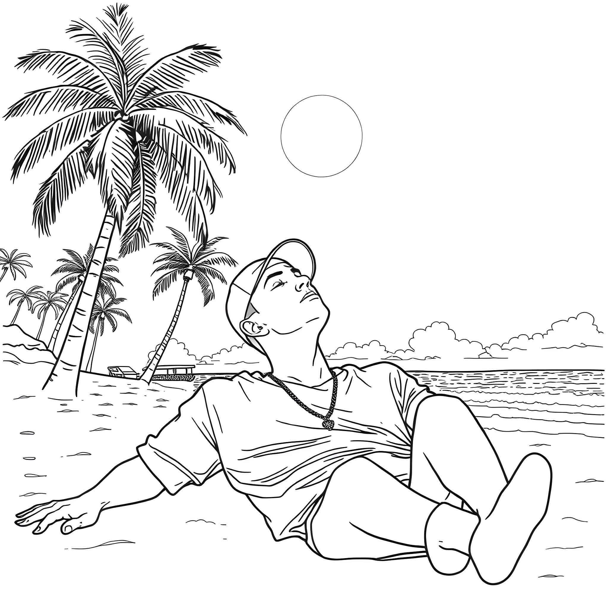 Eminem relaxing on a tropical beach Coloring Page (free black-and-white line drawing printable PDF for all, from beginners to advanced learners, including children, teens, adults, and seniors)