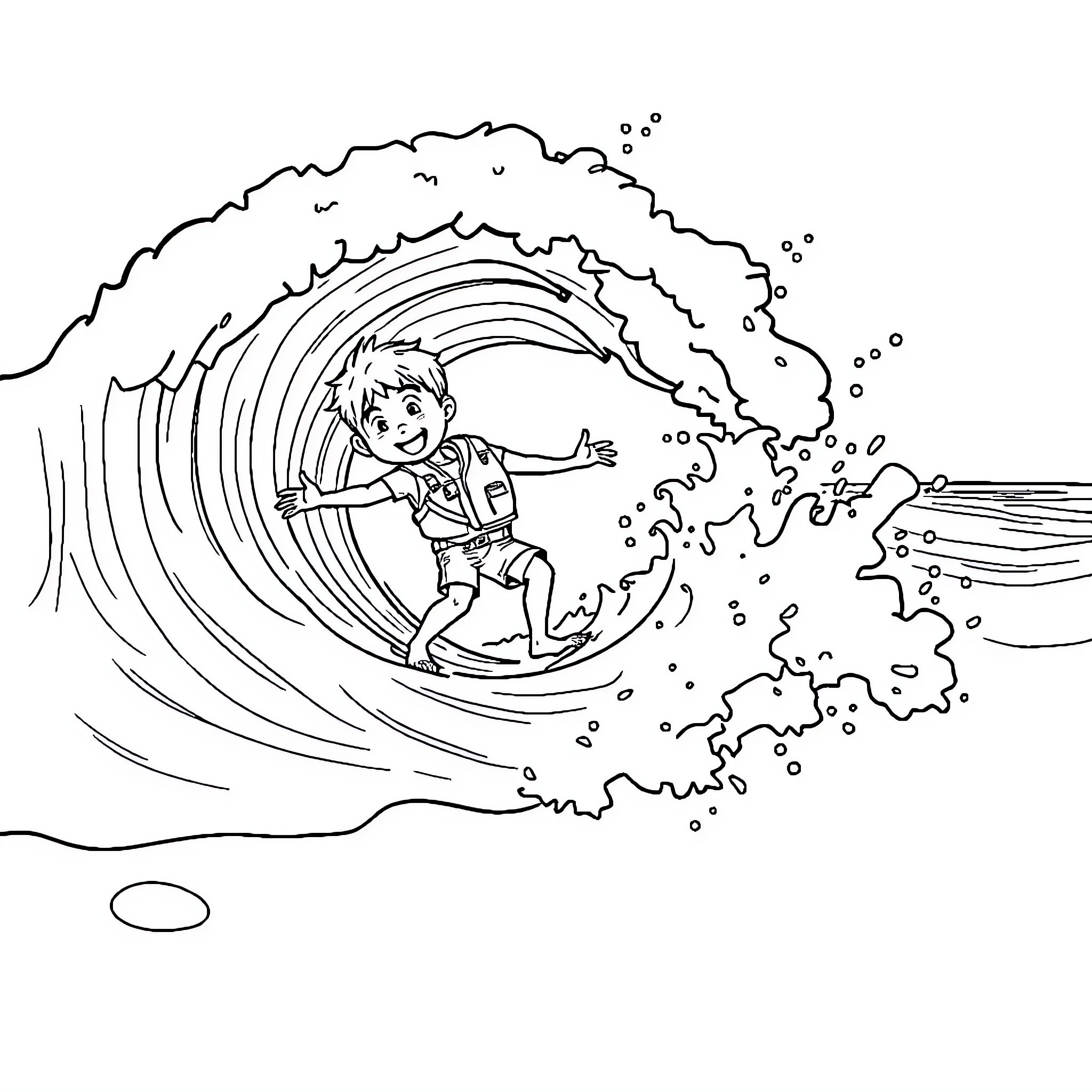 Kid surfing a big wave with enthusiasm Coloring Page (free black-and-white line drawing printable PDF for all, from beginners to advanced learners, including children, teens, adults, and seniors)