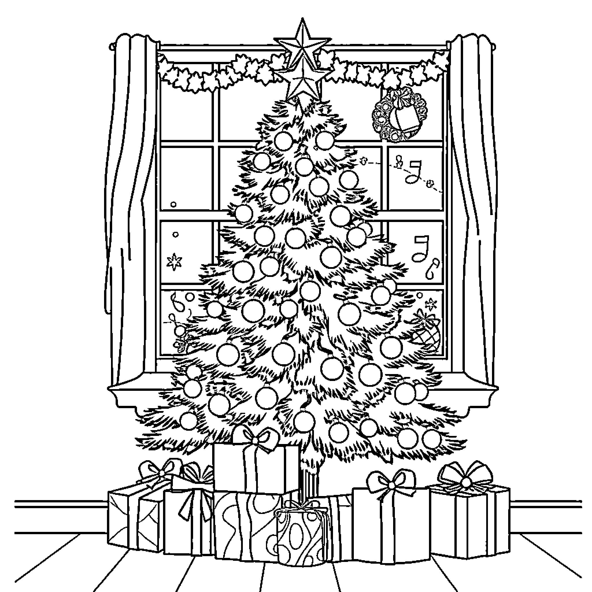 Christmas Tree in Festive Home Decor Coloring Page (free black-and-white line drawing printable PDF for all, from beginners to advanced learners, including children, teens, adults, and seniors)