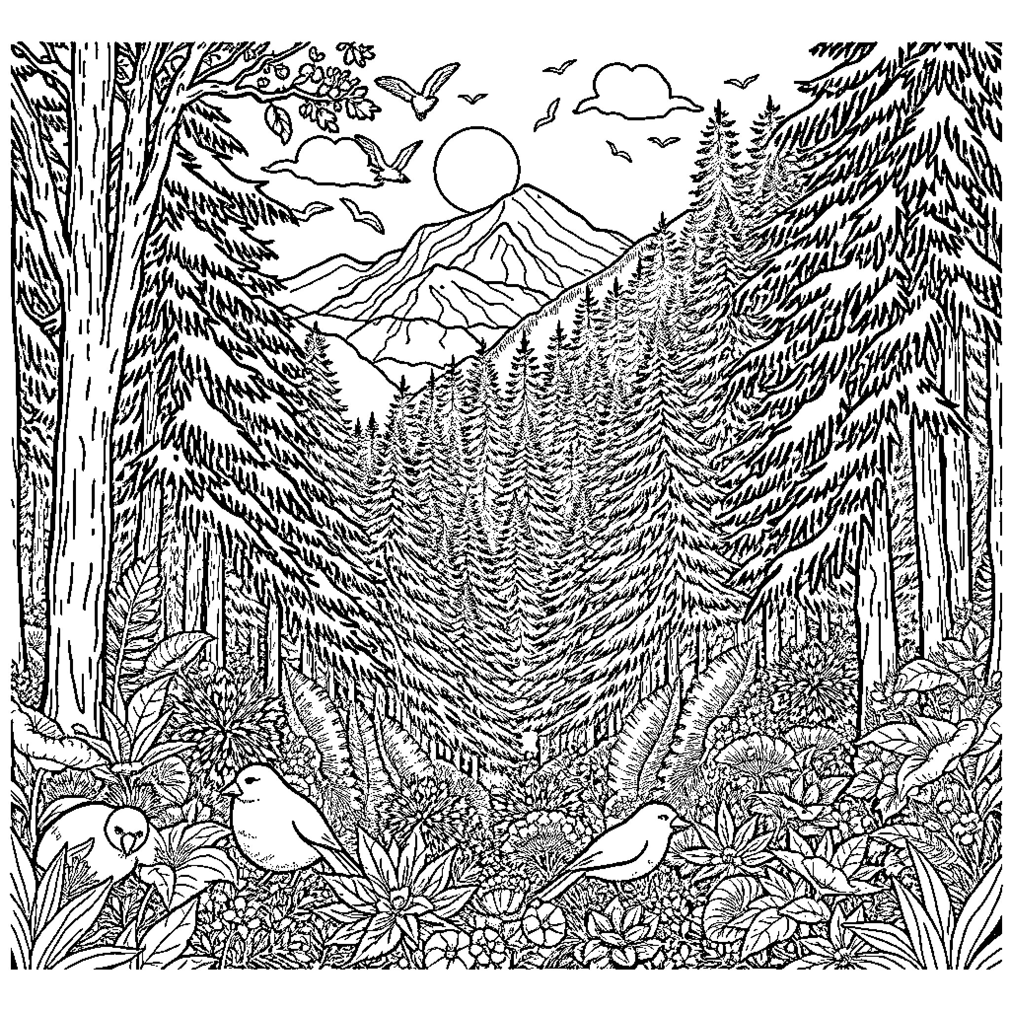 Wild NZ: Tranquil Mountain Landscape with Forest and Wildlife Coloring Page (free black-and-white line drawing printable PDF for all, from beginners to advanced learners, including children, teens, adults, and seniors)