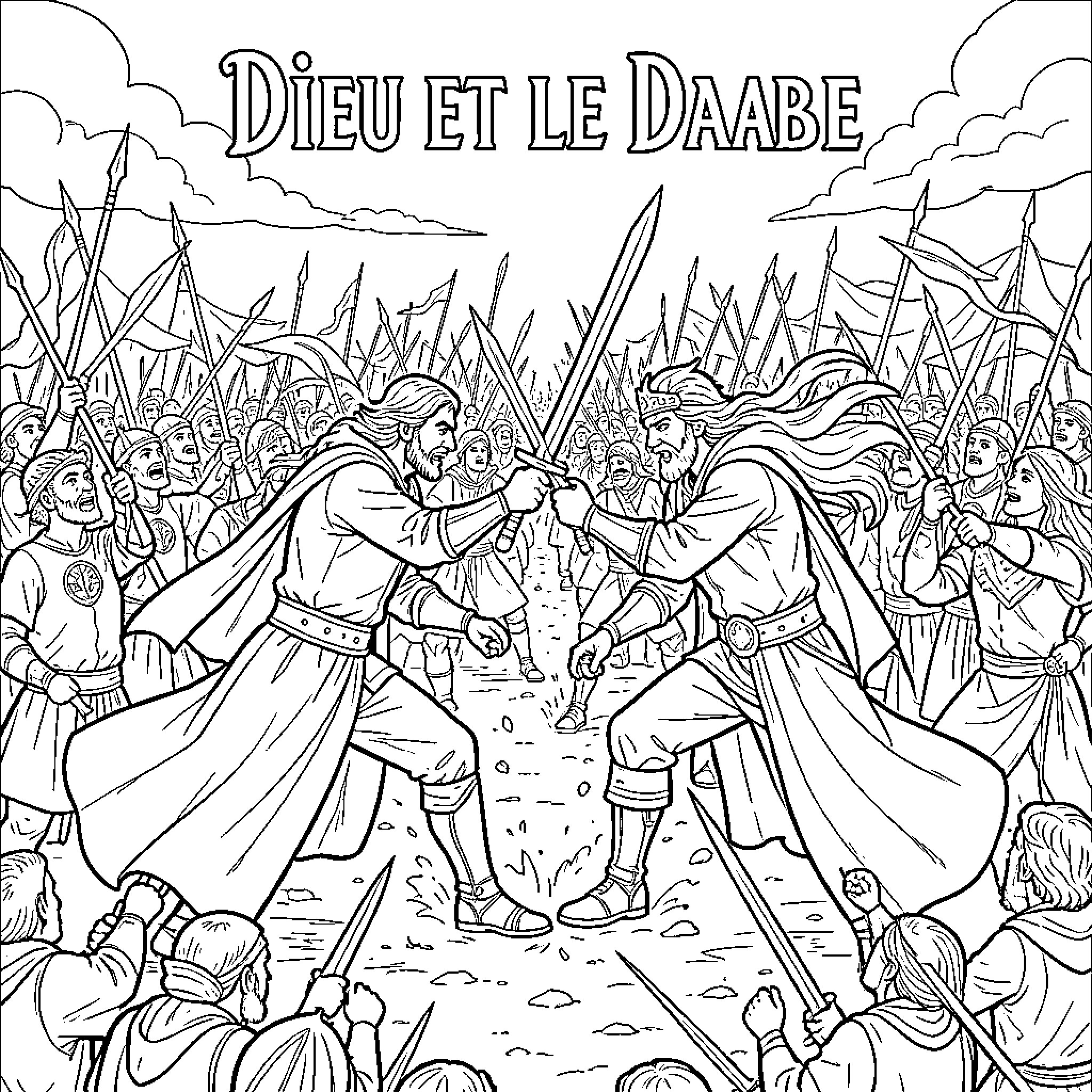 God and Devil clashing swords in a grand battle Coloring Page (free black-and-white line drawing printable PDF for all, from beginners to advanced learners, including children, teens, adults, and seniors)