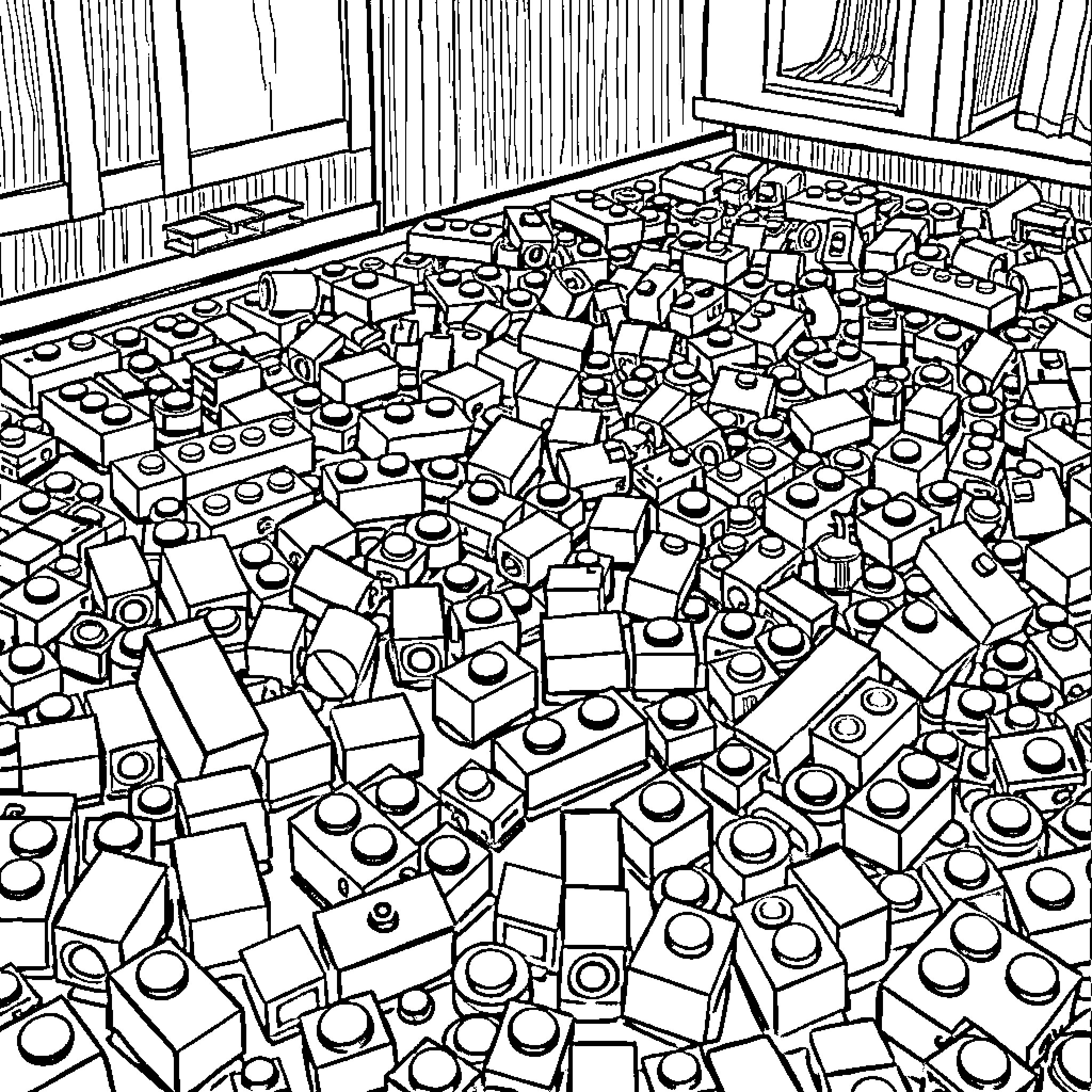 Lego Bricks Scattered in a Room Coloring Page (free black-and-white line drawing printable PDF for all, from beginners to advanced learners, including children, teens, adults, and seniors)