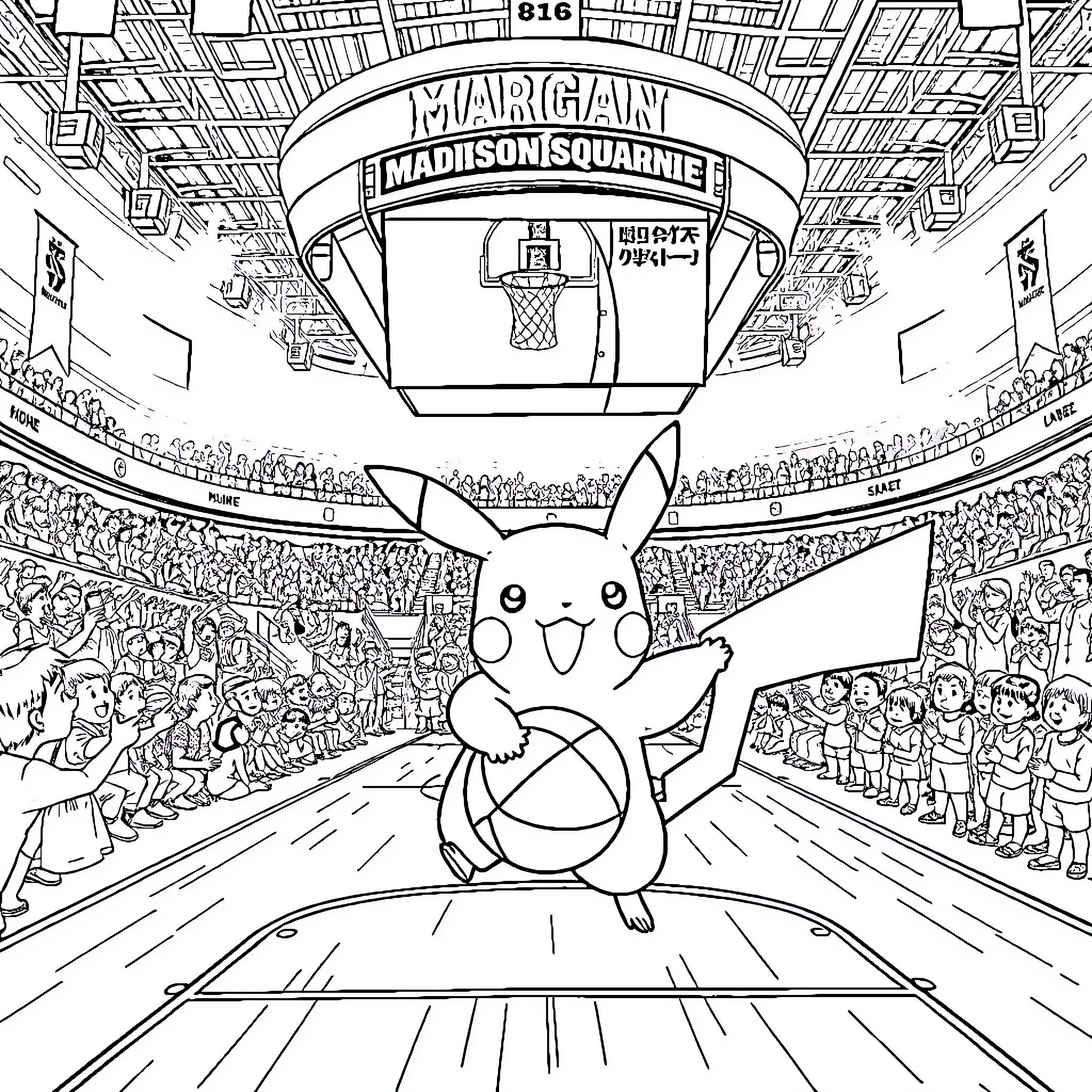 Pikachu playing basketball in a sports arena Coloring Page (free black-and-white line drawing printable PDF for all, from beginners to advanced learners, including children, teens, adults, and seniors)