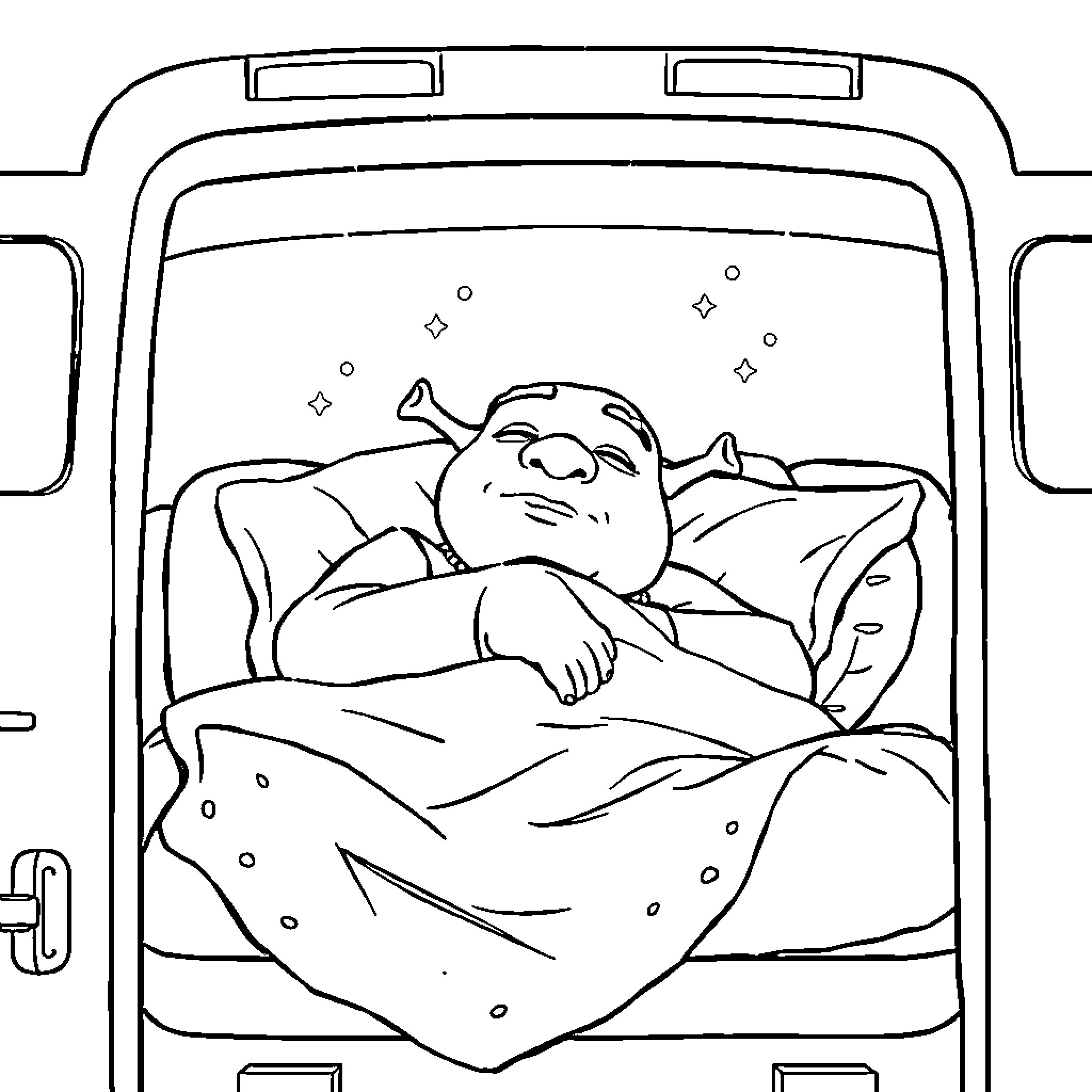 Shrek taking a cozy nap on the bed Coloring Page (free black-and-white line drawing printable PDF for all, from beginners to advanced learners, including children, teens, adults, and seniors)