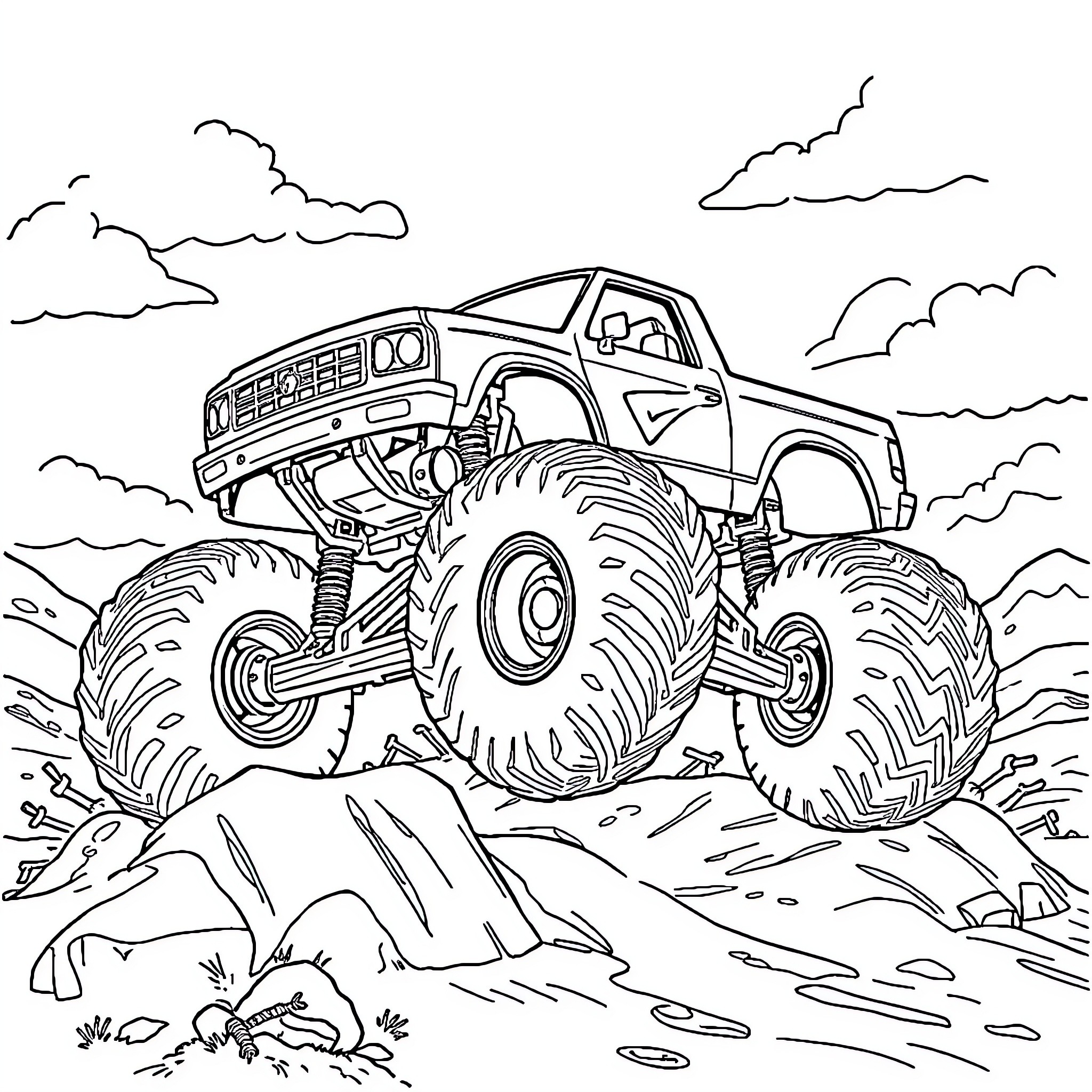 Monster Truck Conquering Rugged Terrain Coloring Page (free black-and-white line drawing printable PDF for all, from beginners to advanced learners, including children, teens, adults, and seniors)