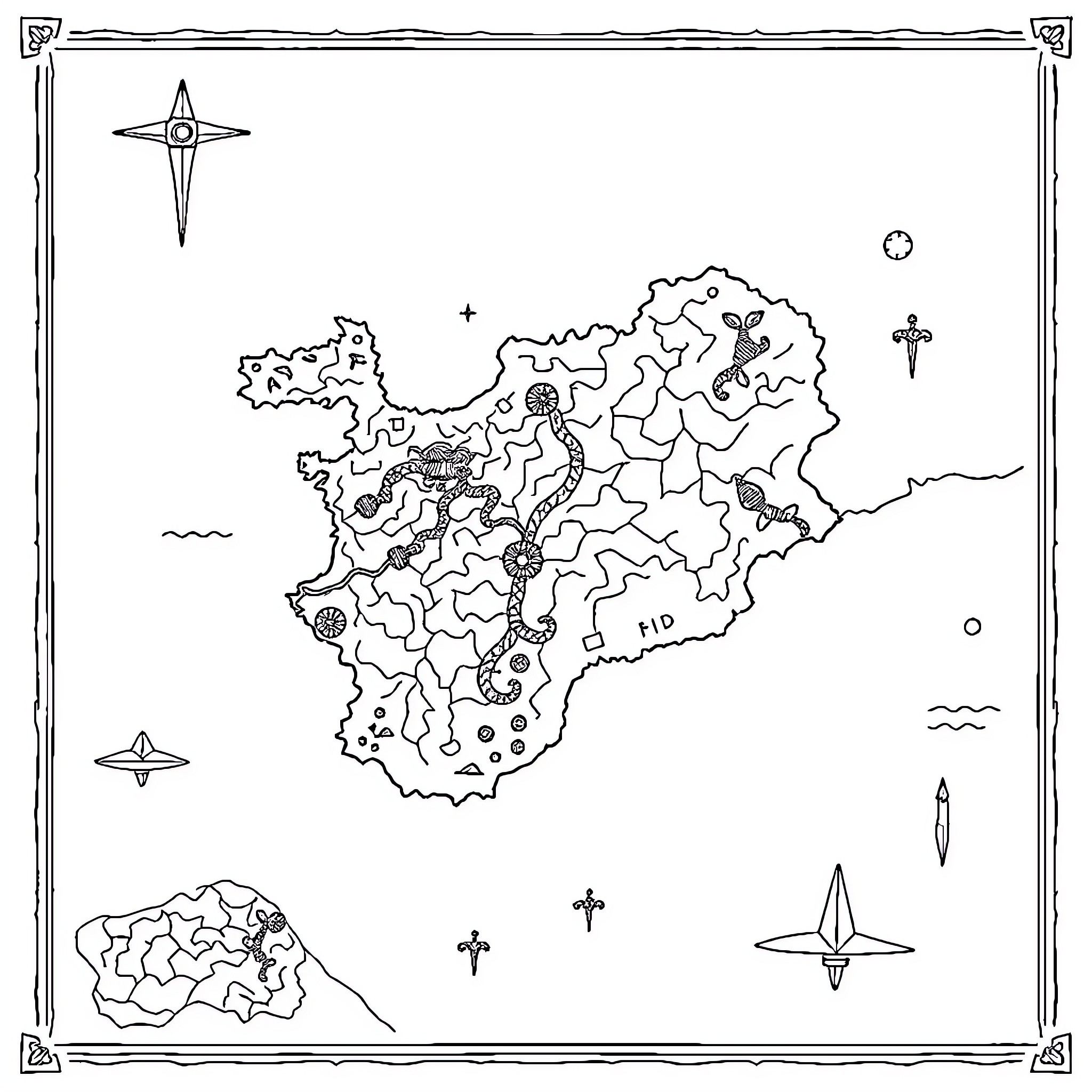 Treasure Map of a Fantastical Continent Coloring Page (free black-and-white line drawing printable PDF for all, from beginners to advanced learners, including children, teens, adults, and seniors)