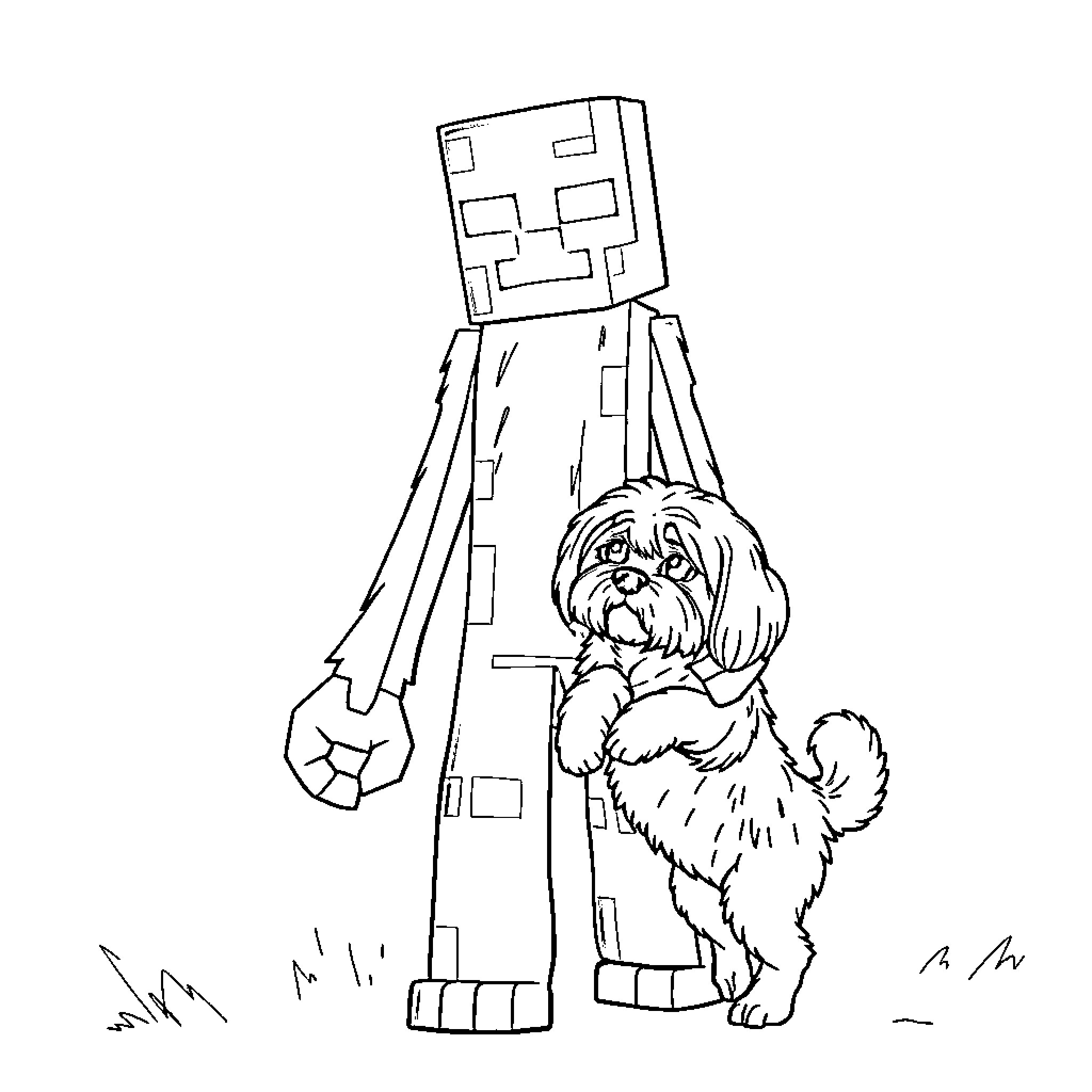 Enderman with a loyal companion Coloring Page (free black-and-white line drawing printable PDF for all, from beginners to advanced learners, including children, teens, adults, and seniors)