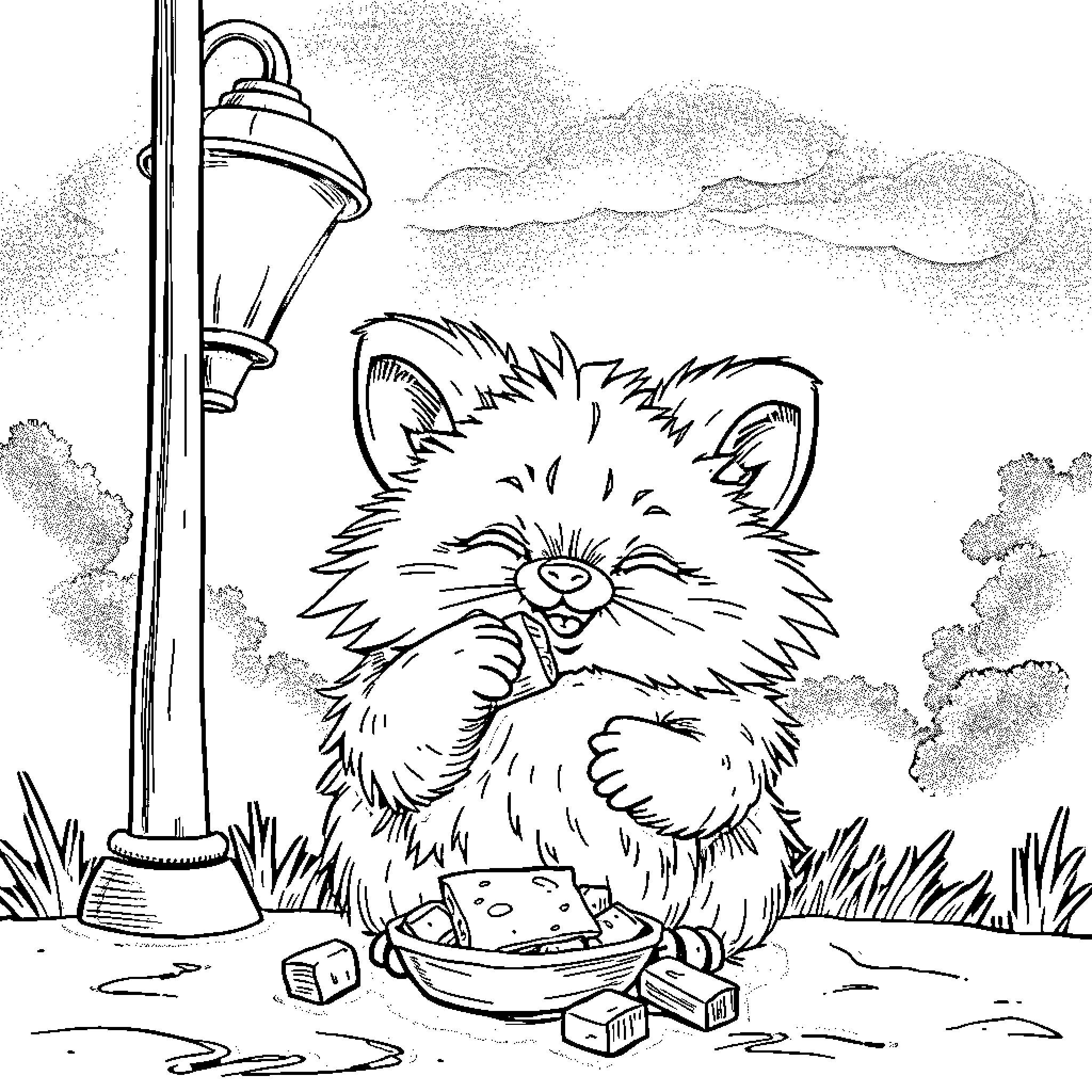 Gizmo the Furry Friend Enjoying a Treat Coloring Page (free black-and-white line drawing printable PDF for all, from beginners to advanced learners, including children, teens, adults, and seniors)