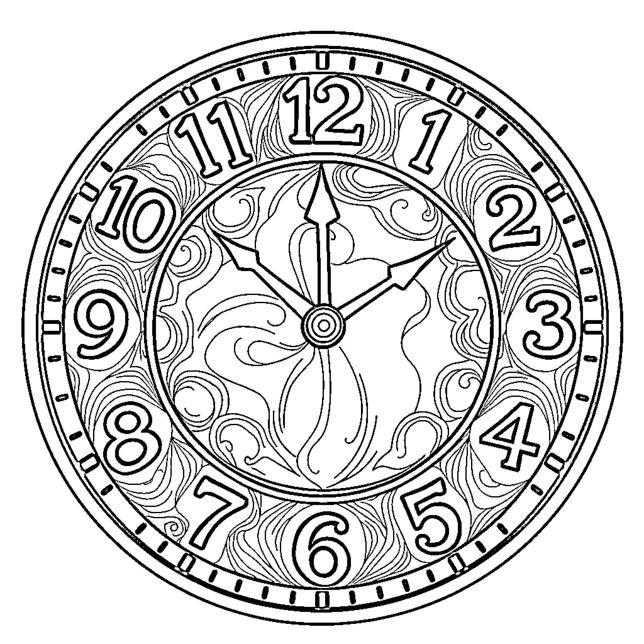 Clock with intricate decorative patterns Coloring Page (free black-and-white line drawing printable PDF for all, from beginners to advanced learners, including children, teens, adults, and seniors)