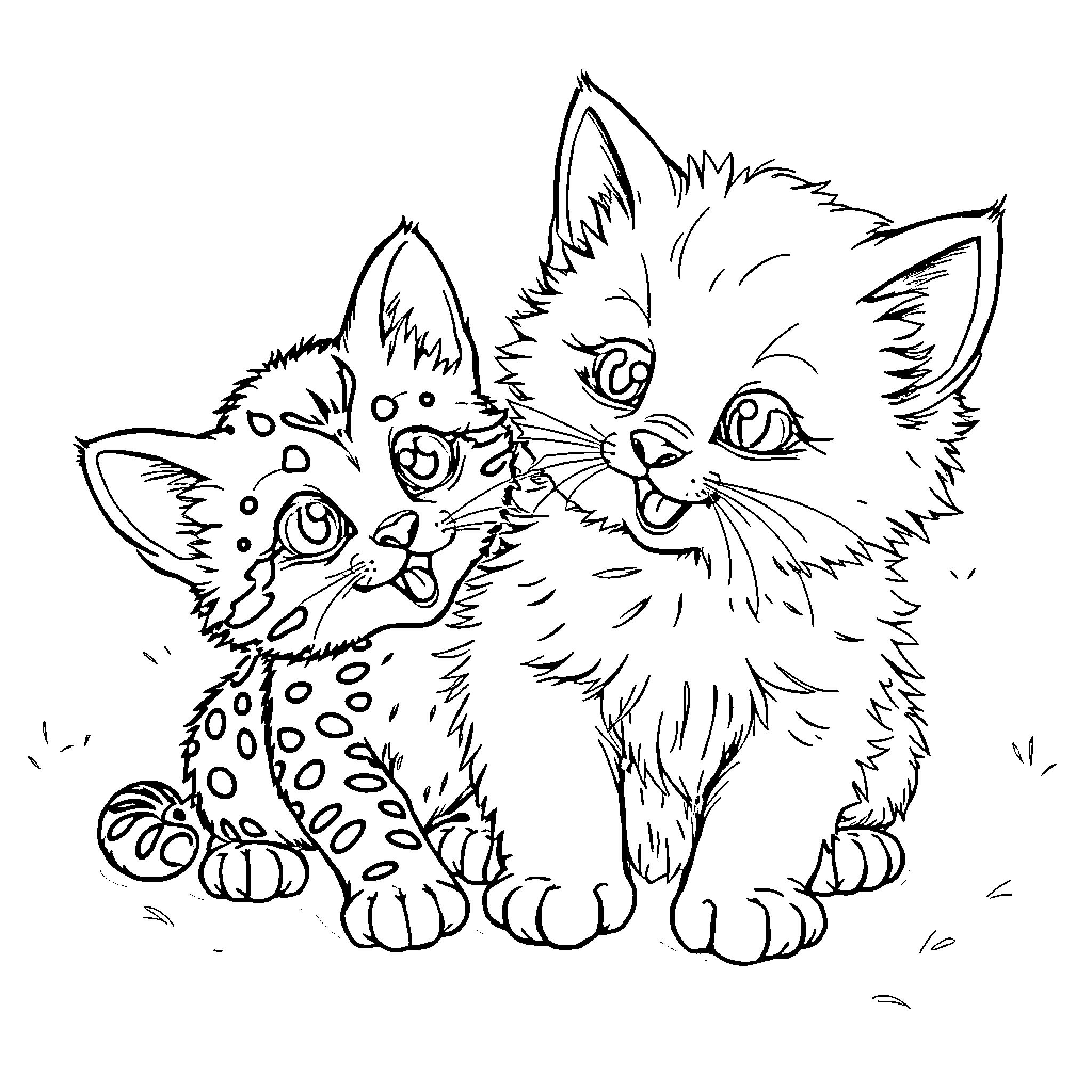 Kittens Playfully Exploring Together Coloring Page (free black-and-white line drawing printable PDF for all, from beginners to advanced learners, including children, teens, adults, and seniors)