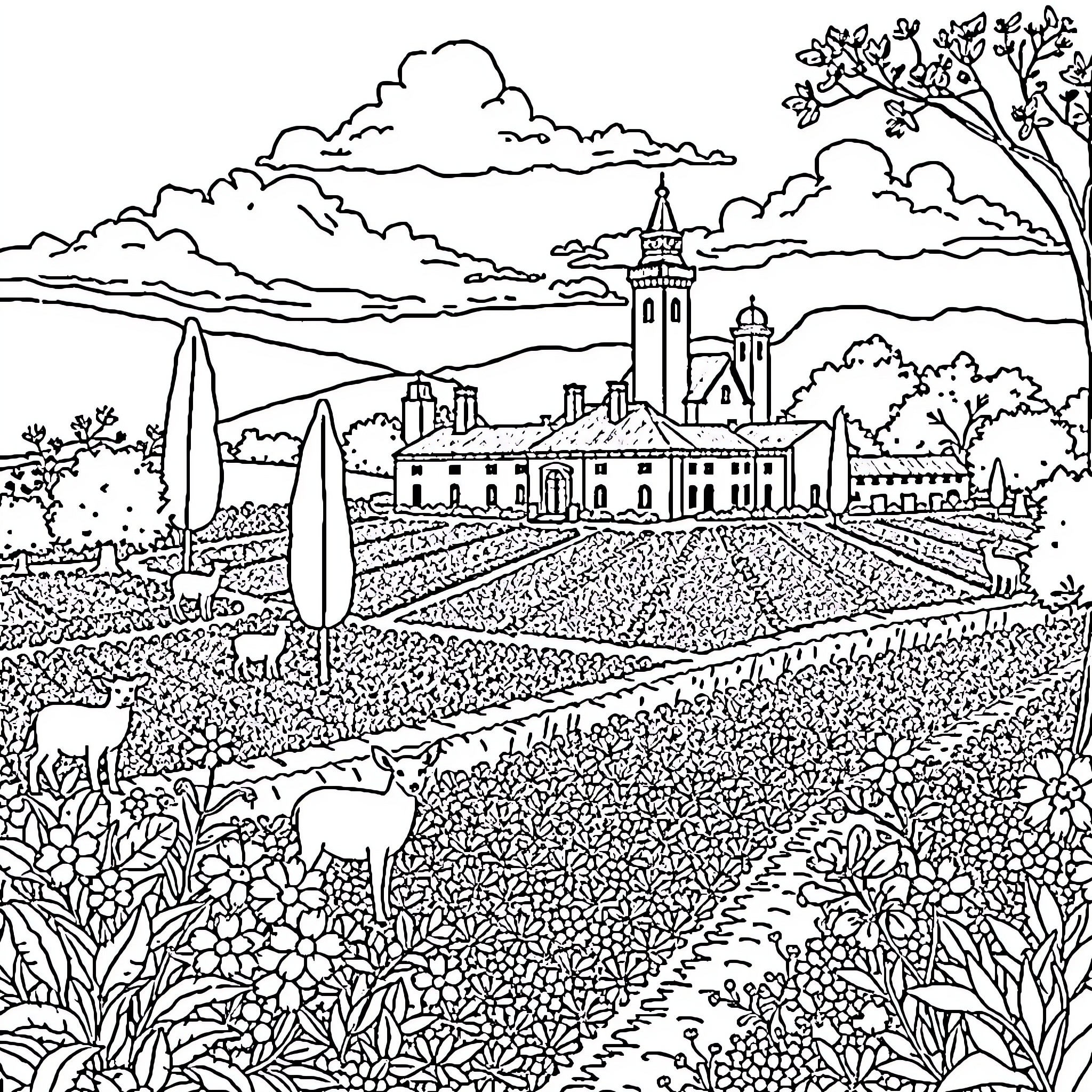 Granja: Picturesque countryside landscape with church and buildings Coloring Page (free black-and-white line drawing printable PDF for all, from beginners to advanced learners, including children, teens, adults, and seniors)