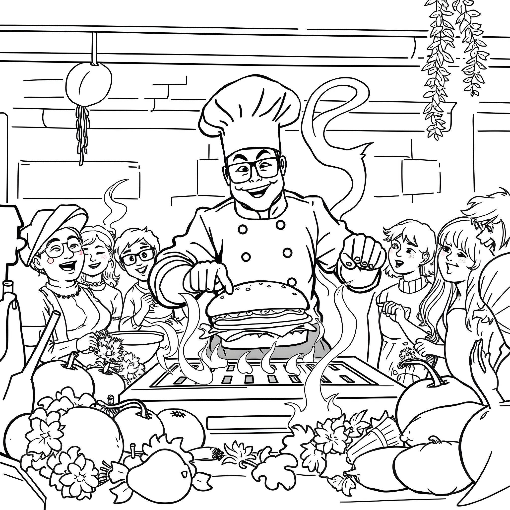 Burger Man serving up a tasty meal for the hungry crowd Coloring Page (free black-and-white line drawing printable PDF for all, from beginners to advanced learners, including children, teens, adults, and seniors)