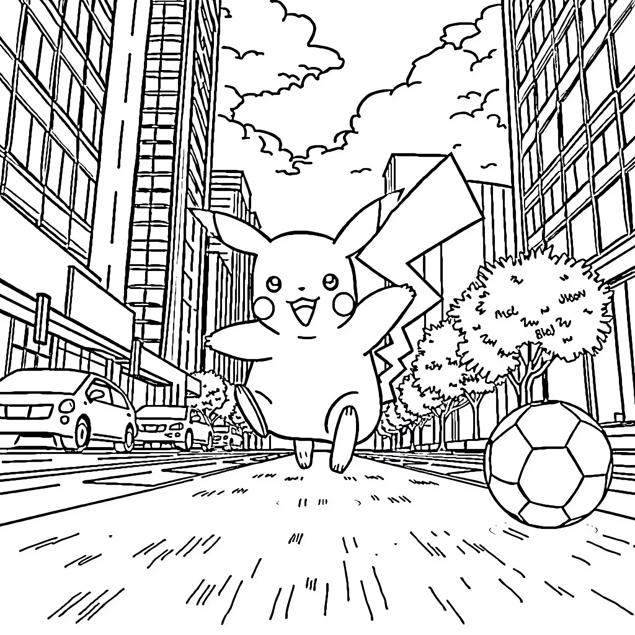 Pikachu enjoying a day in the city Coloring Page (free black-and-white line drawing printable PDF for all, from beginners to advanced learners, including children, teens, adults, and seniors)