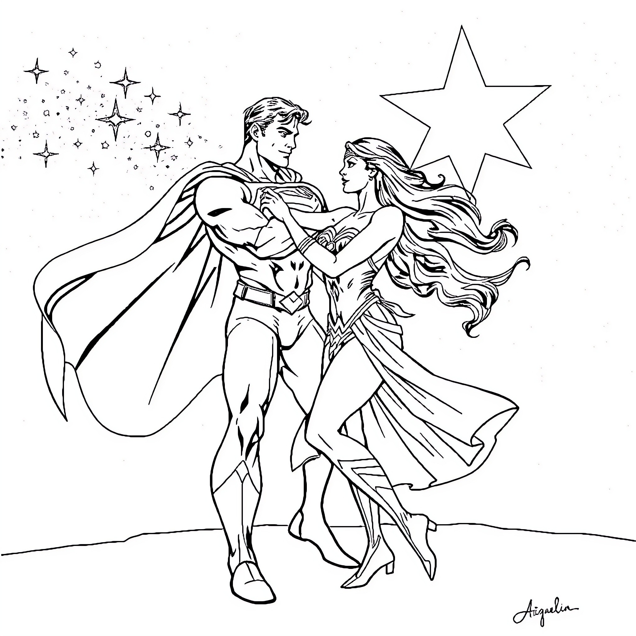 Superman and Wonder Woman in heroic embrace under starry sky Coloring Page (free black-and-white line drawing printable PDF for all, from beginners to advanced learners, including children, teens, adults, and seniors)