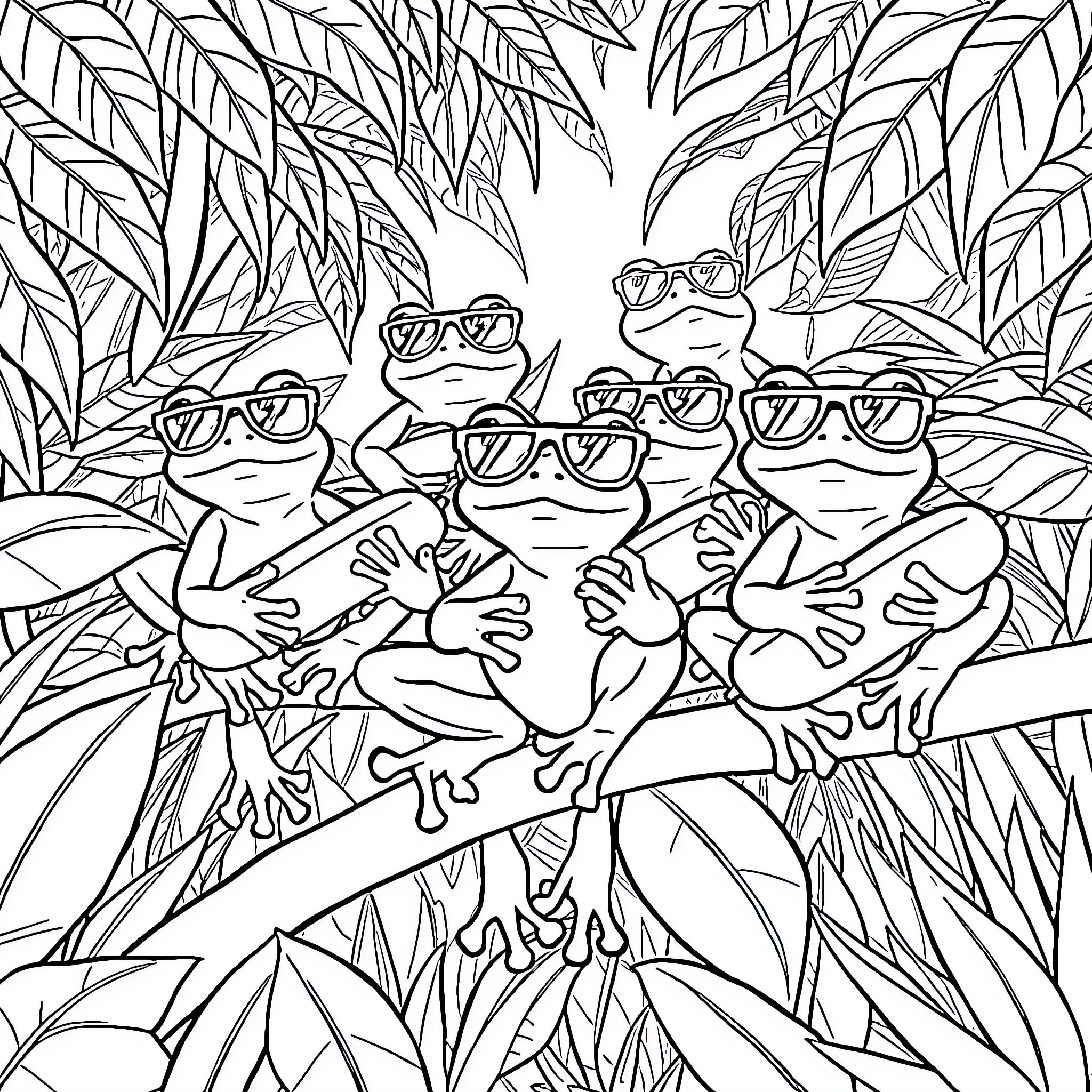 Frogs wearing sunglasses in the jungle Coloring Page (free black-and-white line drawing printable PDF for all, from beginners to advanced learners, including children, teens, adults, and seniors)