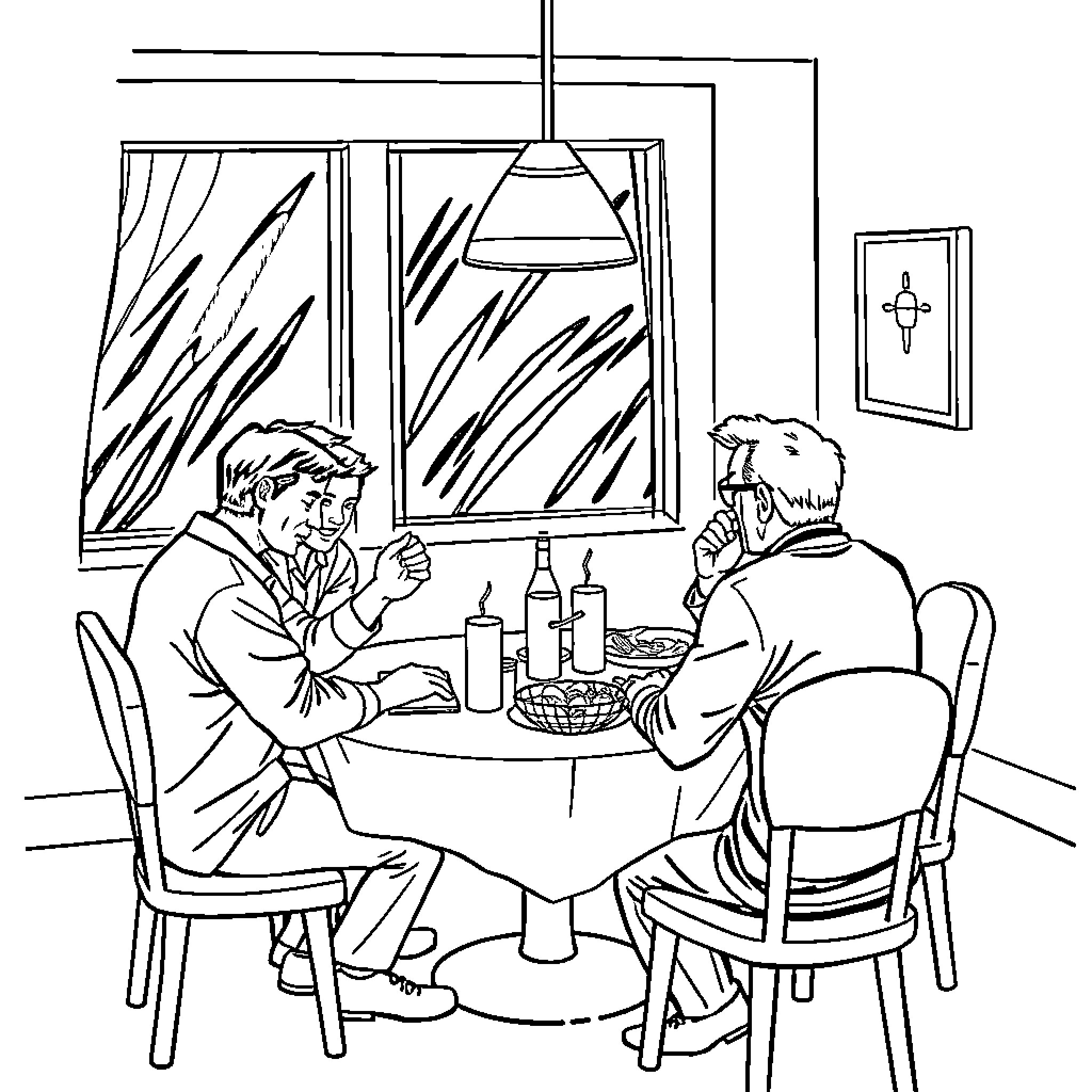ICP: Two Gentlemen Dining at an Evening Gathering Coloring Page (free black-and-white line drawing printable PDF for all, from beginners to advanced learners, including children, teens, adults, and seniors)