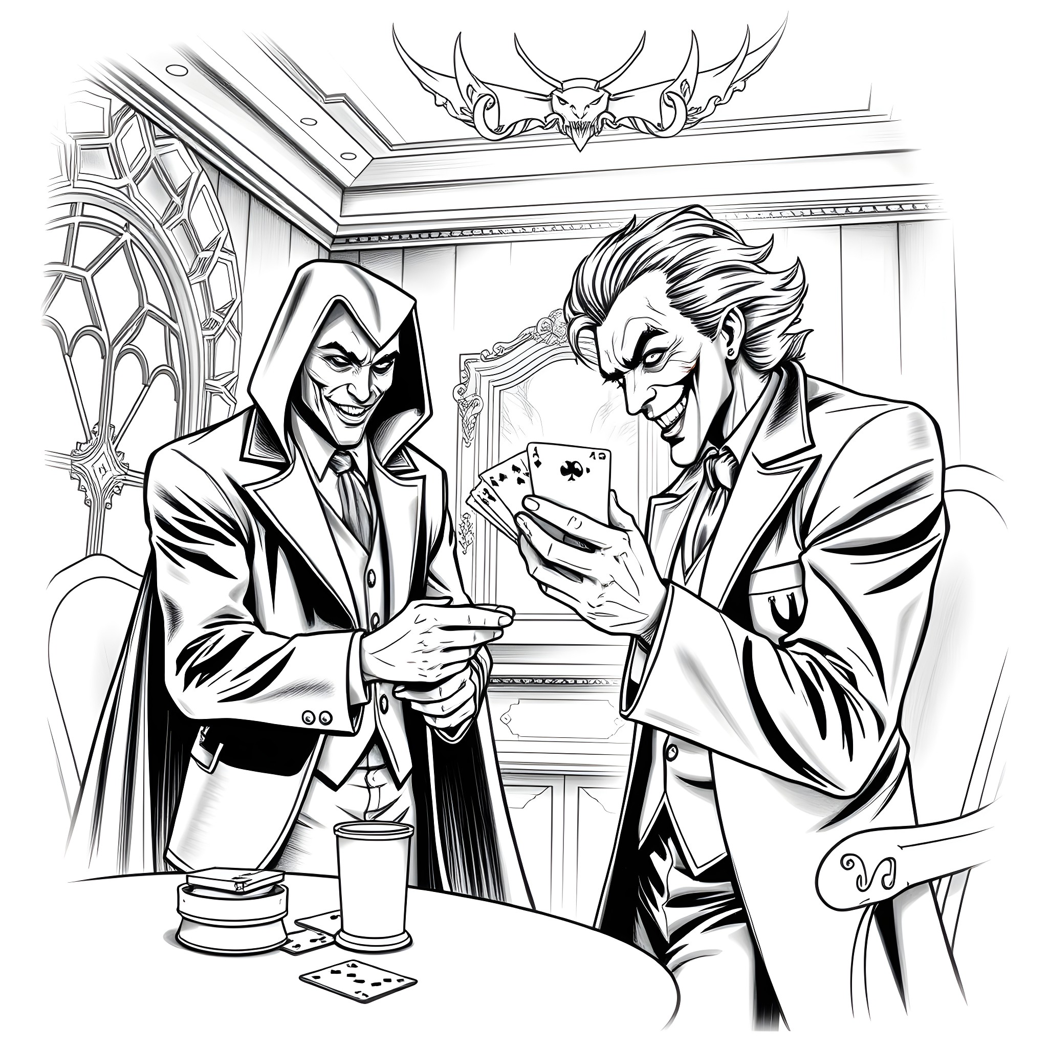 Joker duo playing cards in fancy room Coloring Page (free black-and-white line drawing printable PDF for all, from beginners to advanced learners, including children, teens, adults, and seniors)