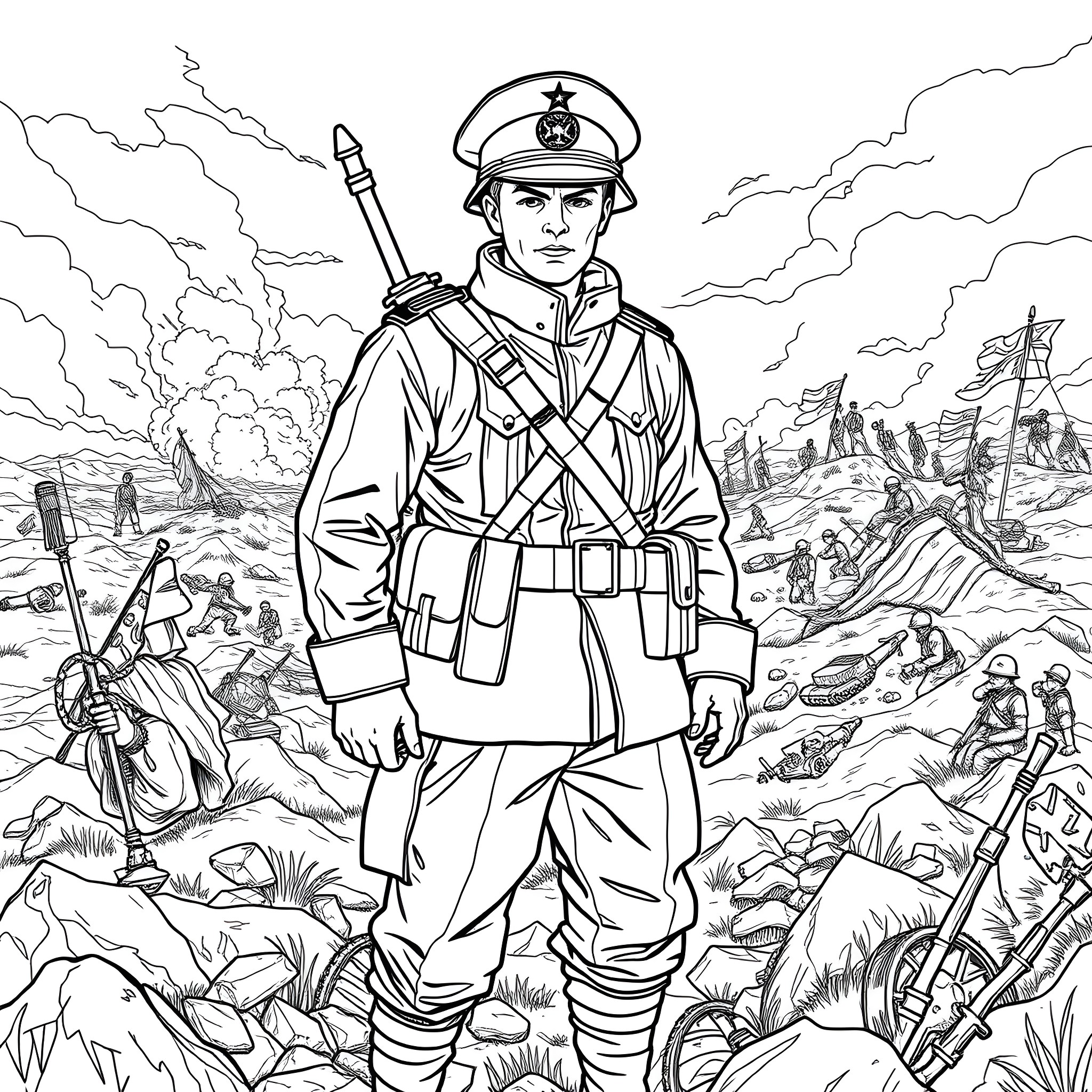 Soldier Standing Firm Amidst Wartime Chaos Coloring Page (free black-and-white line drawing printable PDF for all, from beginners to advanced learners, including children, teens, adults, and seniors)