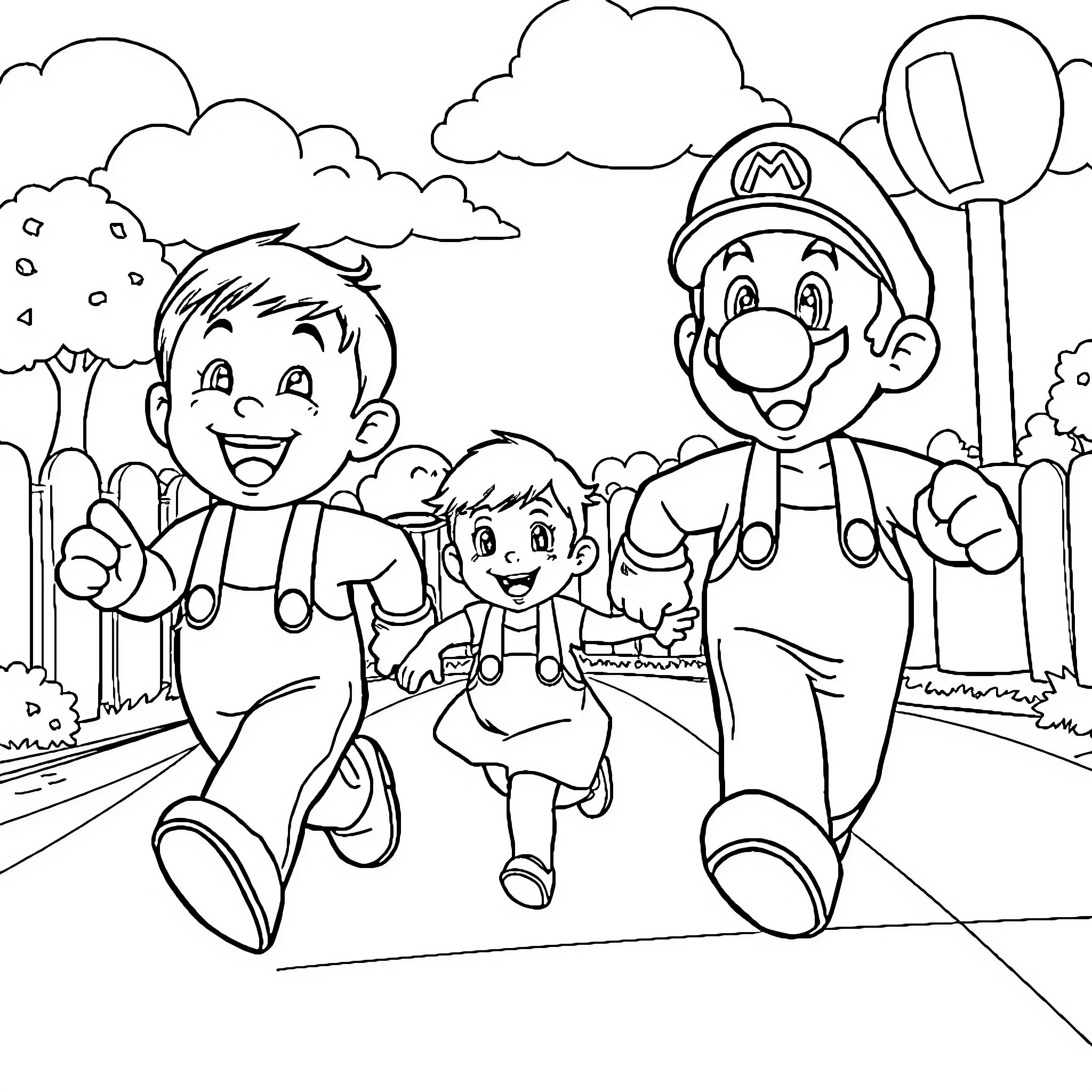 Child Characters Playing in a Whimsical Outdoor Scene Coloring Page (free black-and-white line drawing printable PDF for all, from beginners to advanced learners, including children, teens, adults, and seniors)
