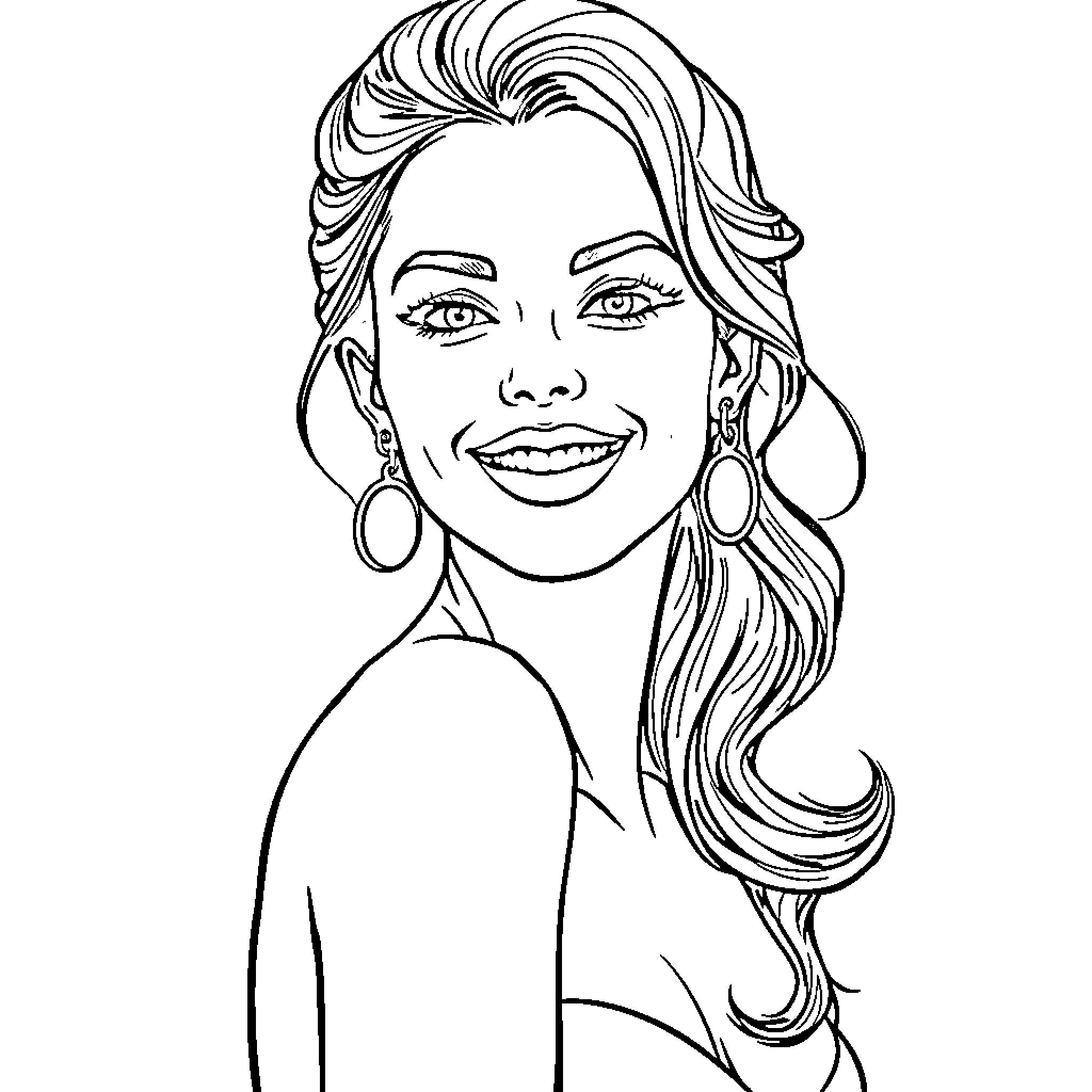 Woman with Joyful Expression and Stylish Outfit Coloring Page (free black-and-white line drawing printable PDF for all, from beginners to advanced learners, including children, teens, adults, and seniors)