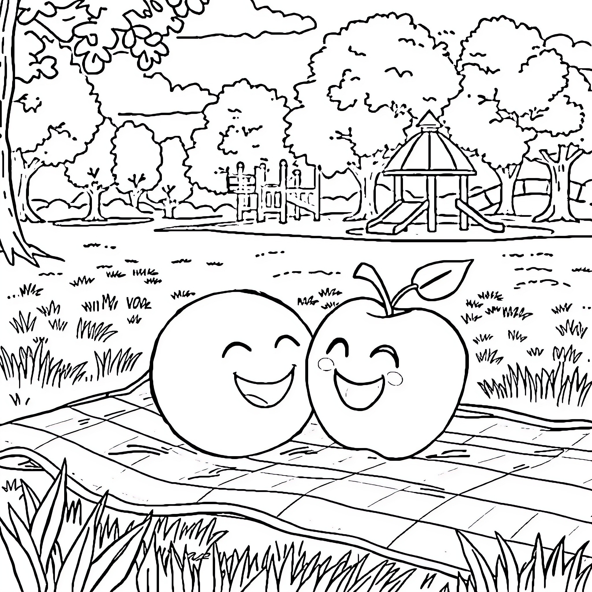 Fruit Characters Enjoying Outdoor Garden Scene Coloring Page (free black-and-white line drawing printable PDF for all, from beginners to advanced learners, including children, teens, adults, and seniors)