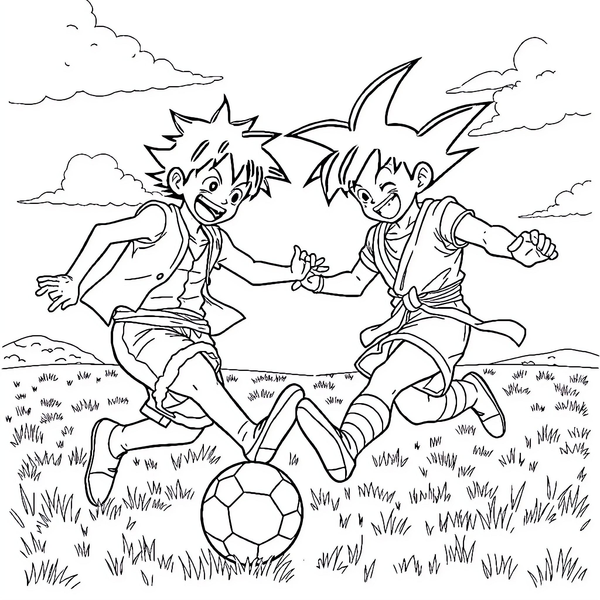Luffy's Lively Soccer Match with a Friend Coloring Page (free black-and-white line drawing printable PDF for all, from beginners to advanced learners, including children, teens, adults, and seniors)