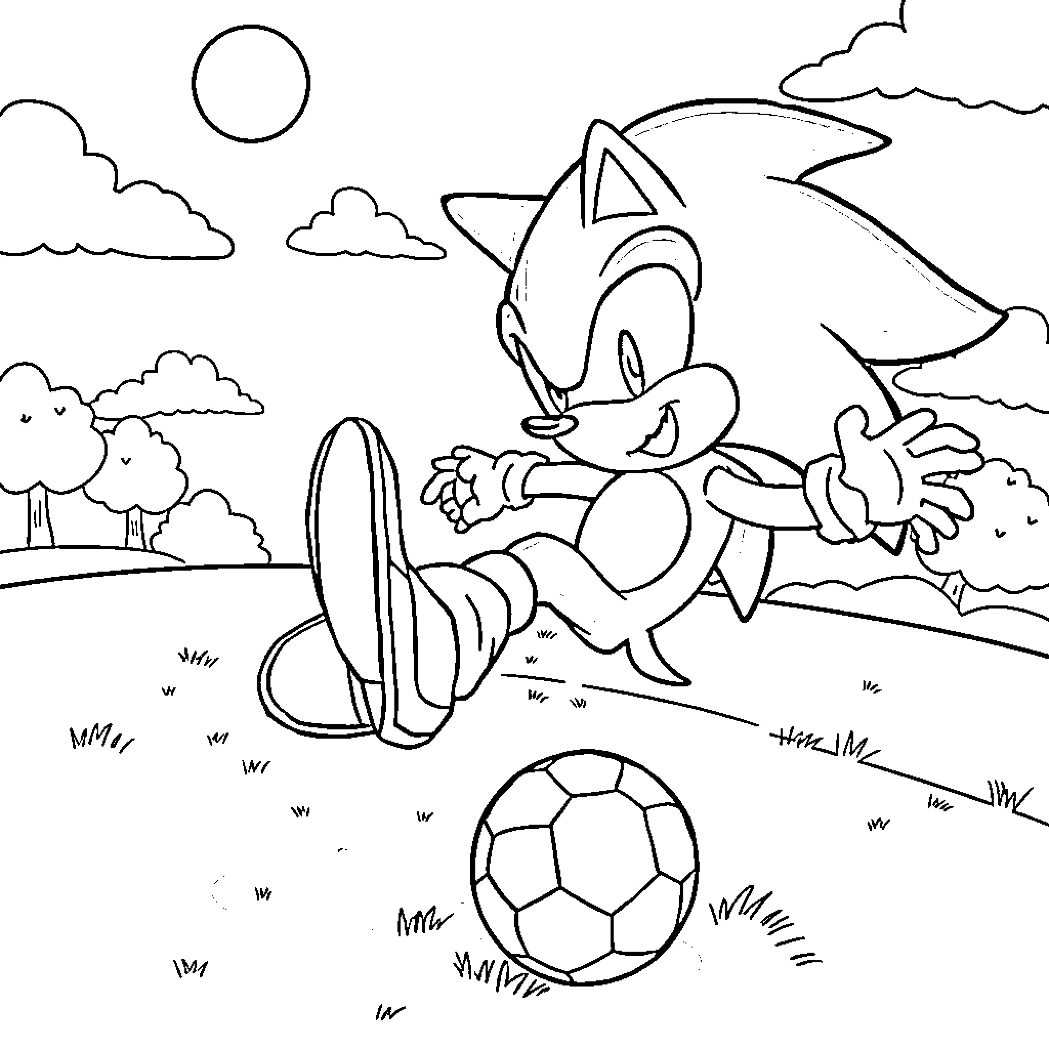 Sonic enjoying a game of soccer in the outdoors Coloring Page (free black-and-white line drawing printable PDF for all, from beginners to advanced learners, including children, teens, adults, and seniors)