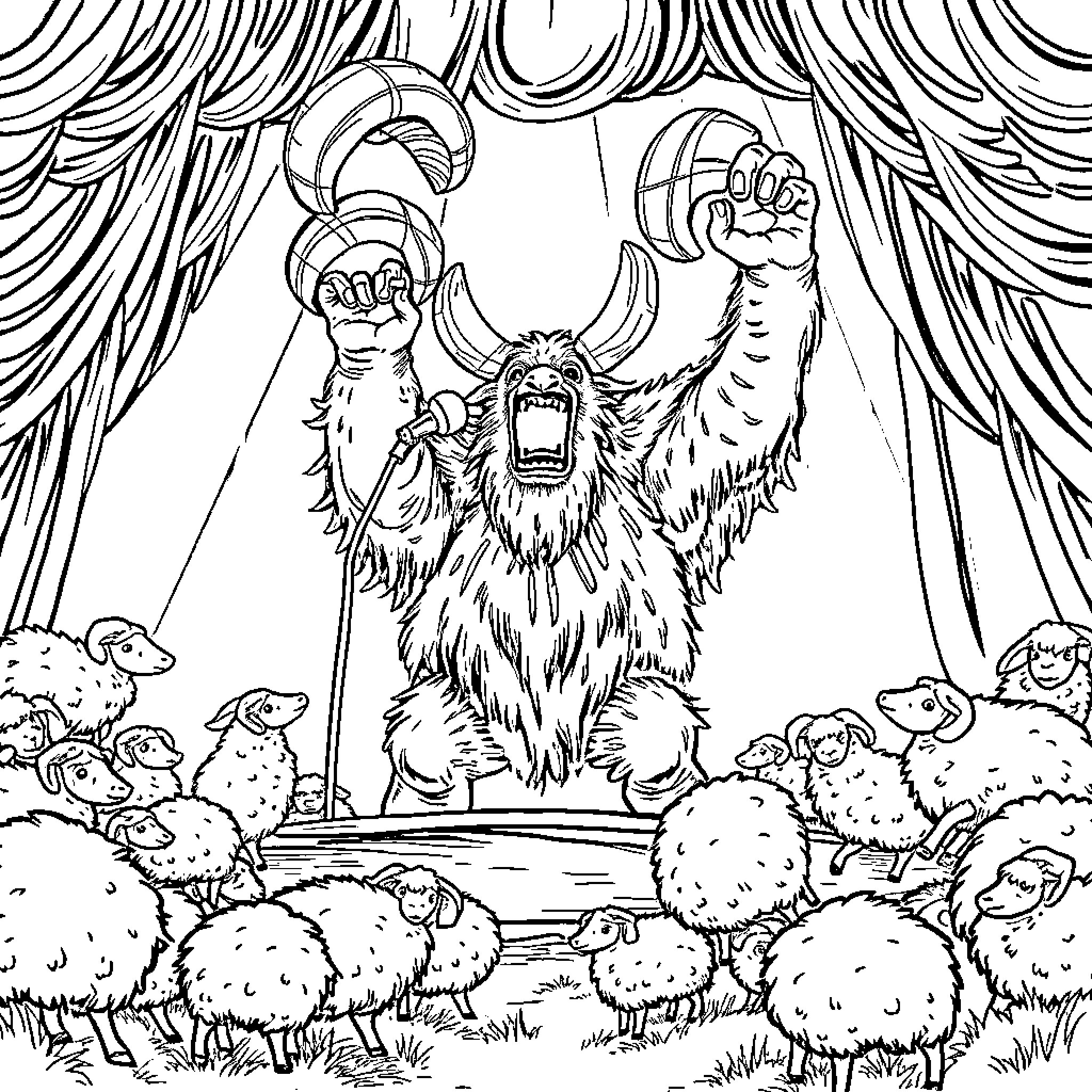 Cyclops furry performer entertaining herd of sheep Coloring Page (free black-and-white line drawing printable PDF for all, from beginners to advanced learners, including children, teens, adults, and seniors)