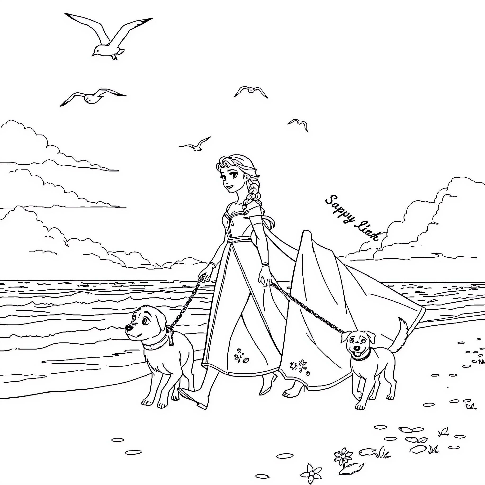Princess enjoying a sunny walk with her pets on the beach Coloring Page (free black-and-white line drawing printable PDF for all, from beginners to advanced learners, including children, teens, adults, and seniors)