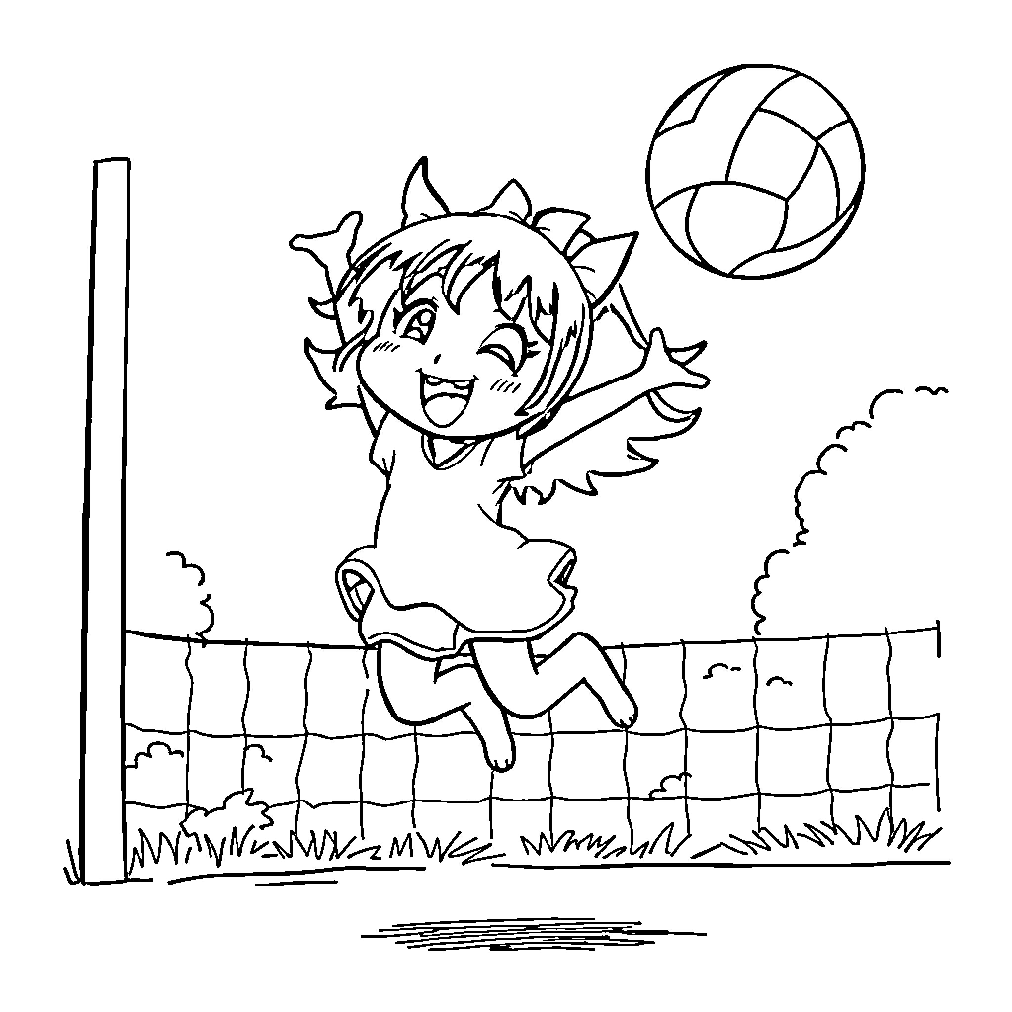 Kuromi happily playing volleyball on the court Coloring Page (free black-and-white line drawing printable PDF for all, from beginners to advanced learners, including children, teens, adults, and seniors)