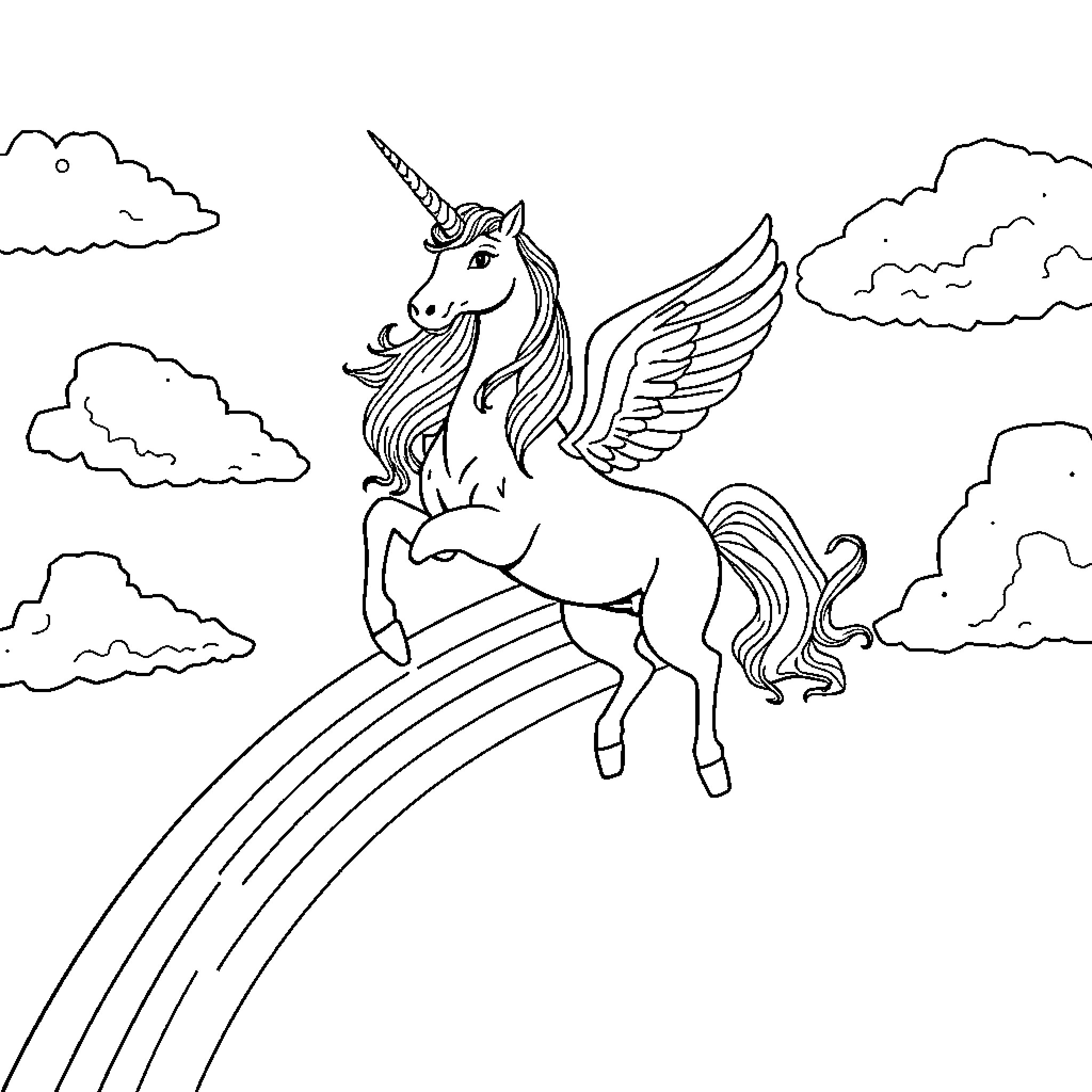 Unicorn soaring through the clouds with wings Coloring Page (free black-and-white line drawing printable PDF for all, from beginners to advanced learners, including children, teens, adults, and seniors)