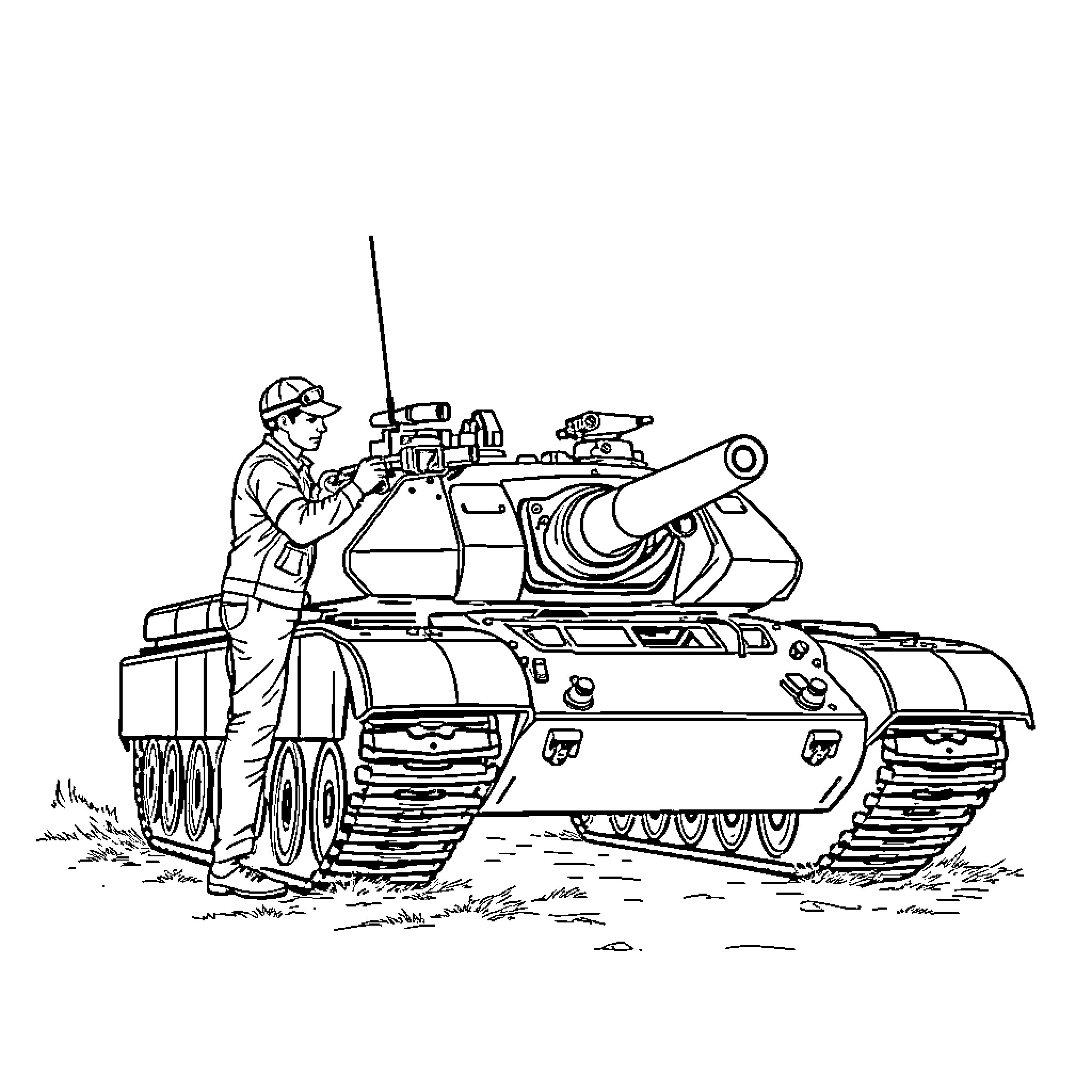 Tank with soldier operating its controls Coloring Page (free black-and-white line drawing printable PDF for all, from beginners to advanced learners, including children, teens, adults, and seniors)