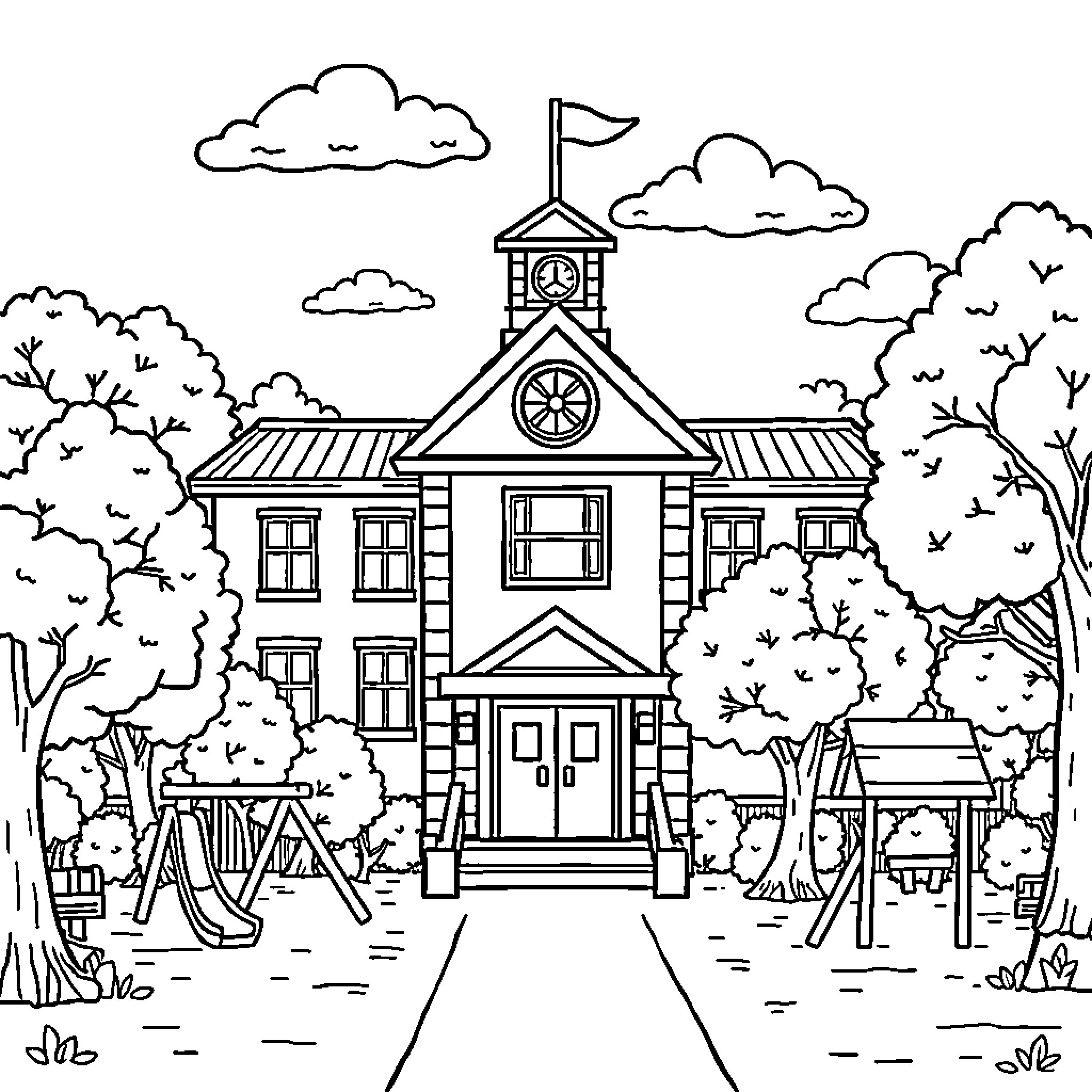 School with Clock Tower and Playground Coloring Page (free black-and-white line drawing printable PDF for all, from beginners to advanced learners, including children, teens, adults, and seniors)