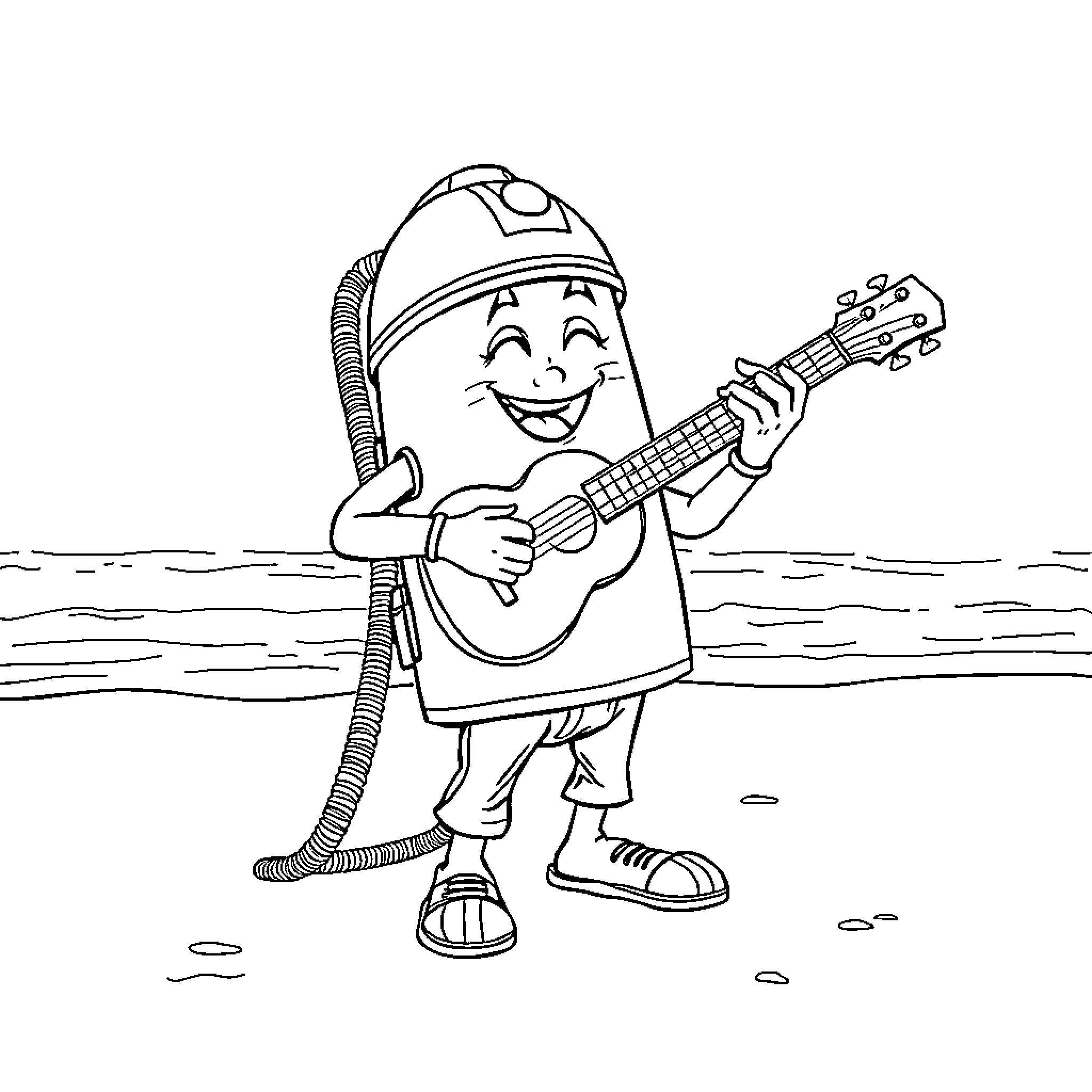 Numatic Henry playing guitar happily on the beach Coloring Page (free black-and-white line drawing printable PDF for all, from beginners to advanced learners, including children, teens, adults, and seniors)