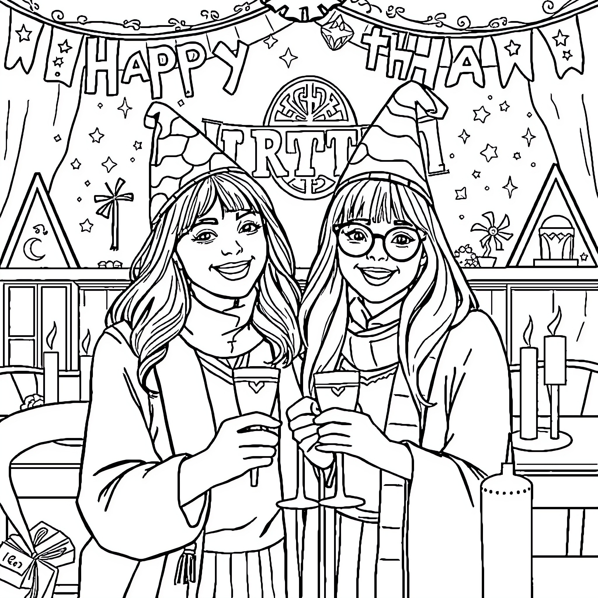 Friend's Happy Birthday Party Celebration Coloring Page (free black-and-white line drawing printable PDF for all, from beginners to advanced learners, including children, teens, adults, and seniors)