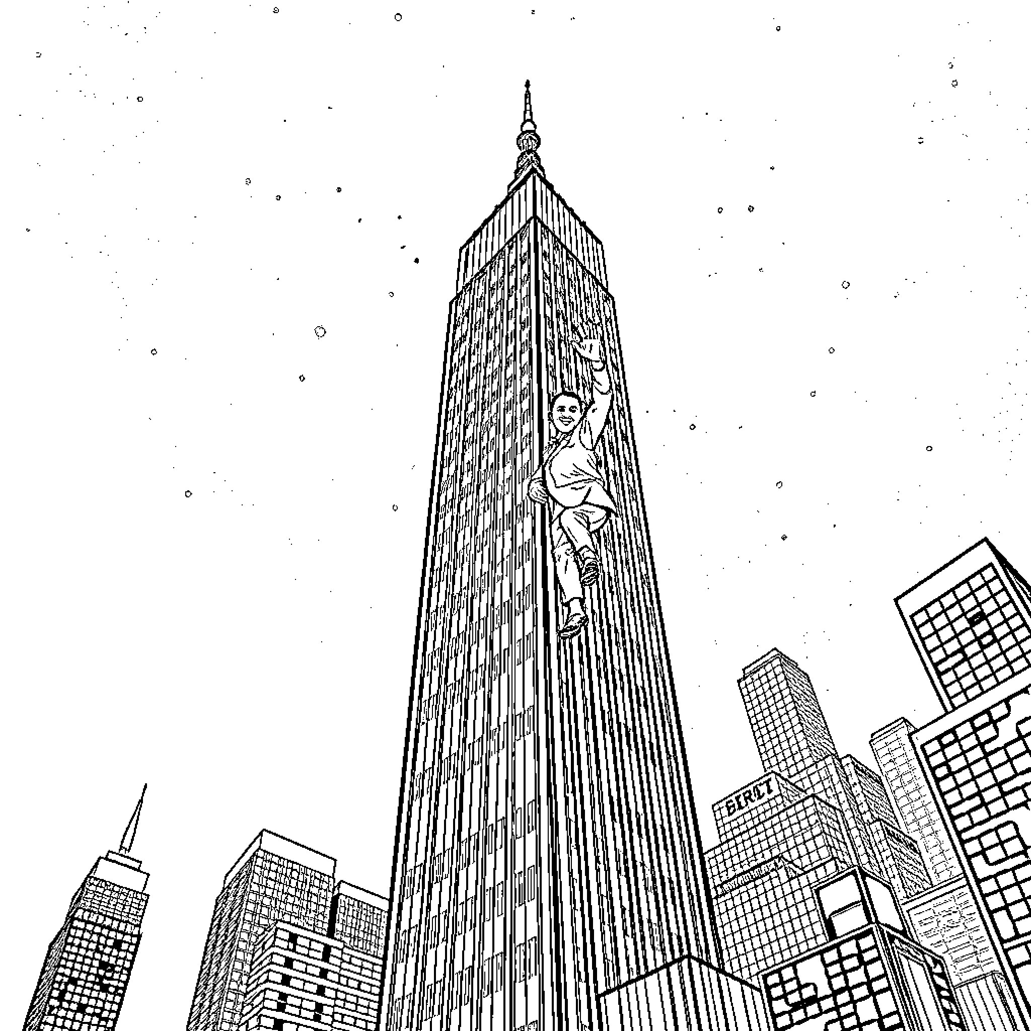 Barack Obama standing tall in the city skyline Coloring Page (free black-and-white line drawing printable PDF for all, from beginners to advanced learners, including children, teens, adults, and seniors)
