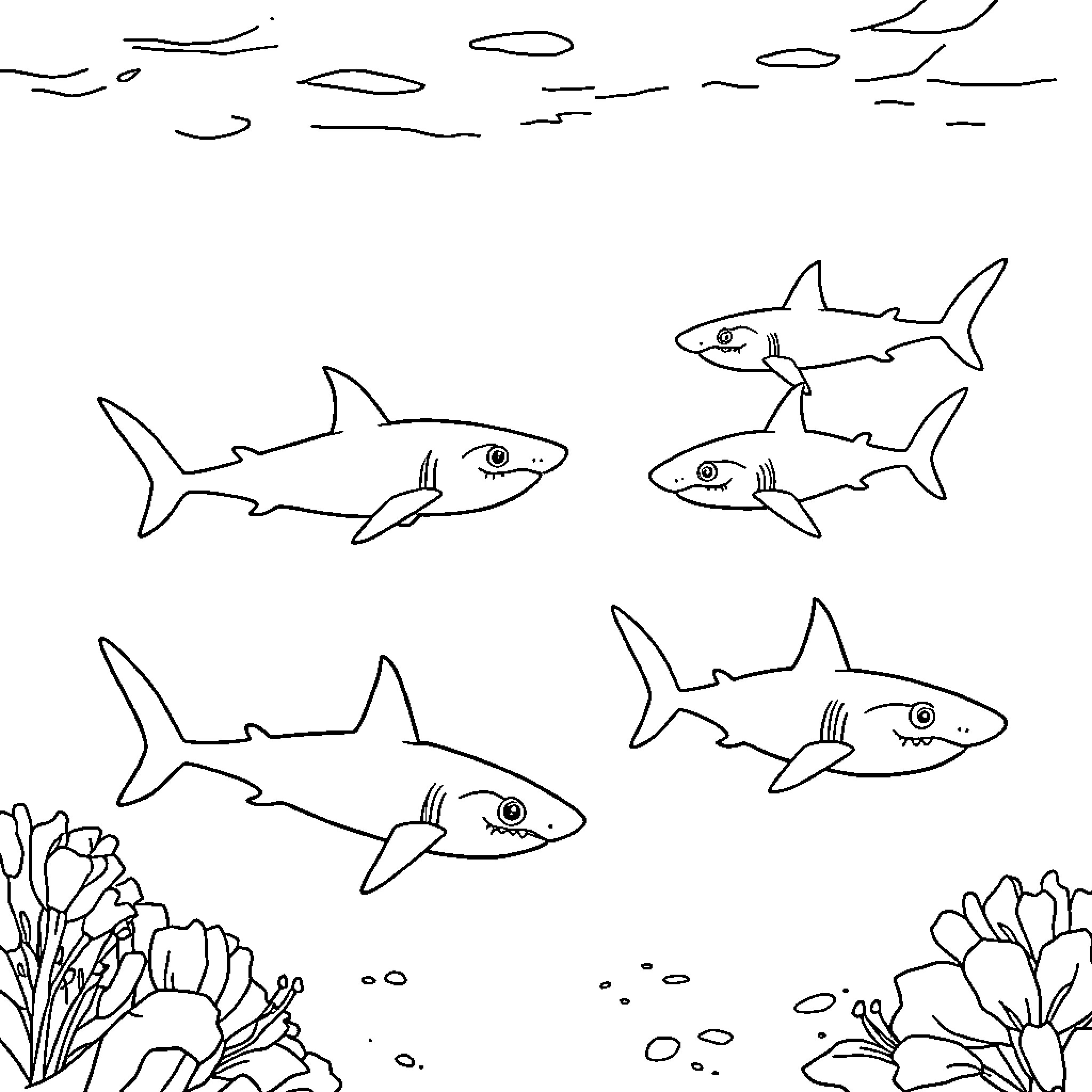 Sharks swimming in the ocean with coral Coloring Page (free black-and-white line drawing printable PDF for all, from beginners to advanced learners, including children, teens, adults, and seniors)