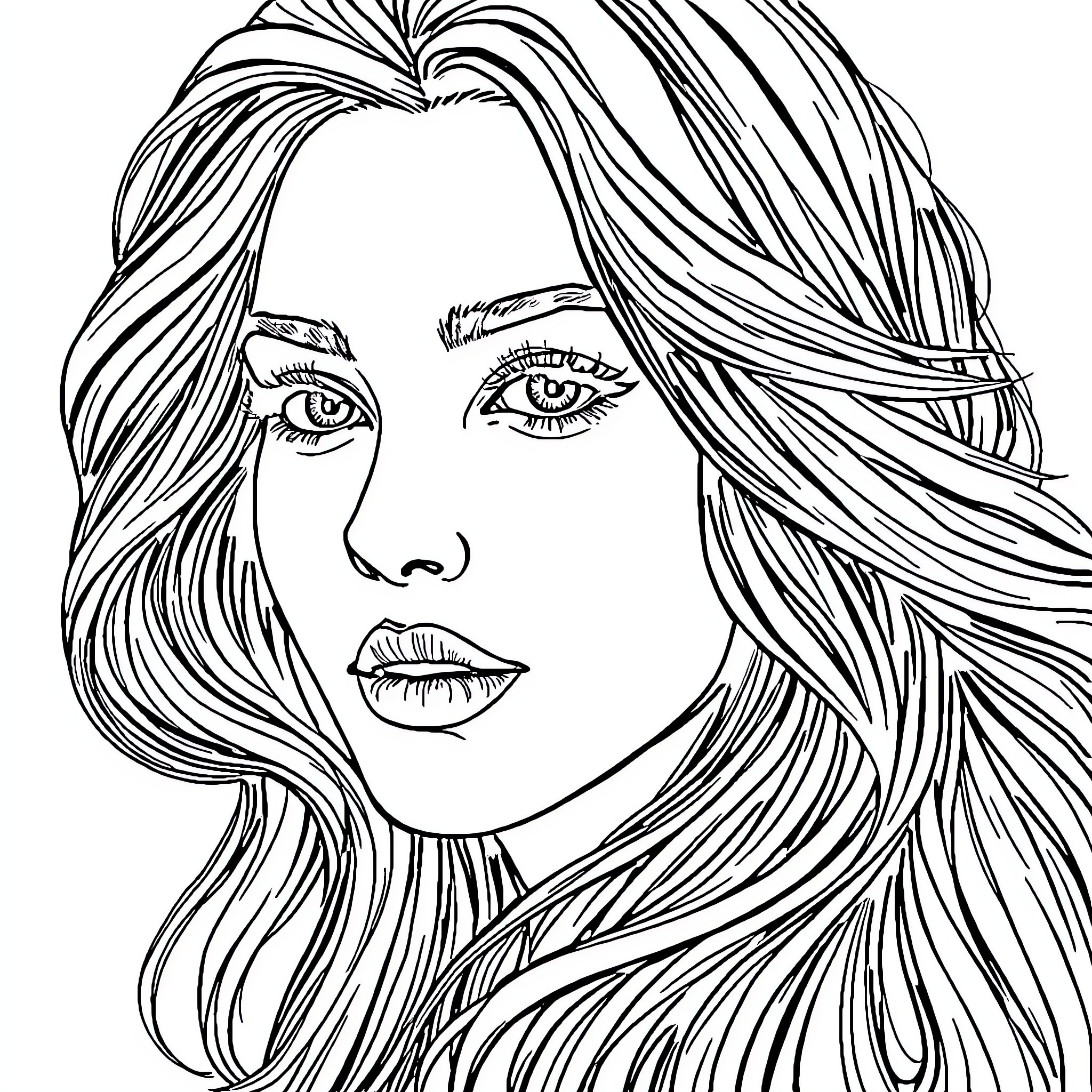Woman with Flowing Hair and Intense Expression Coloring Page (free black-and-white line drawing printable PDF for all, from beginners to advanced learners, including children, teens, adults, and seniors)