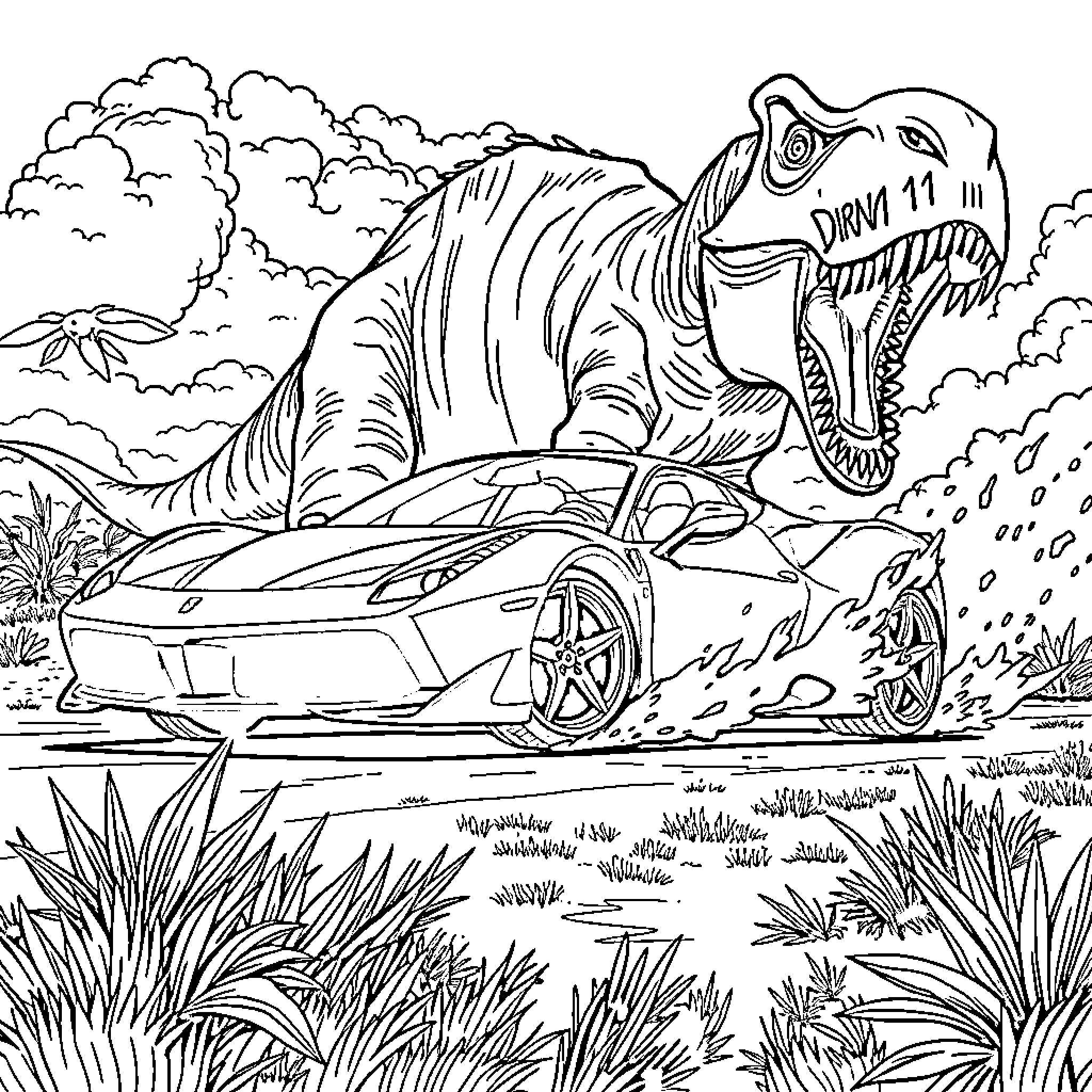 Ferrari Dinosaur Chasing Sports Car in Jurassic Landscape Coloring Page (free black-and-white line drawing printable PDF for all, from beginners to advanced learners, including children, teens, adults, and seniors)