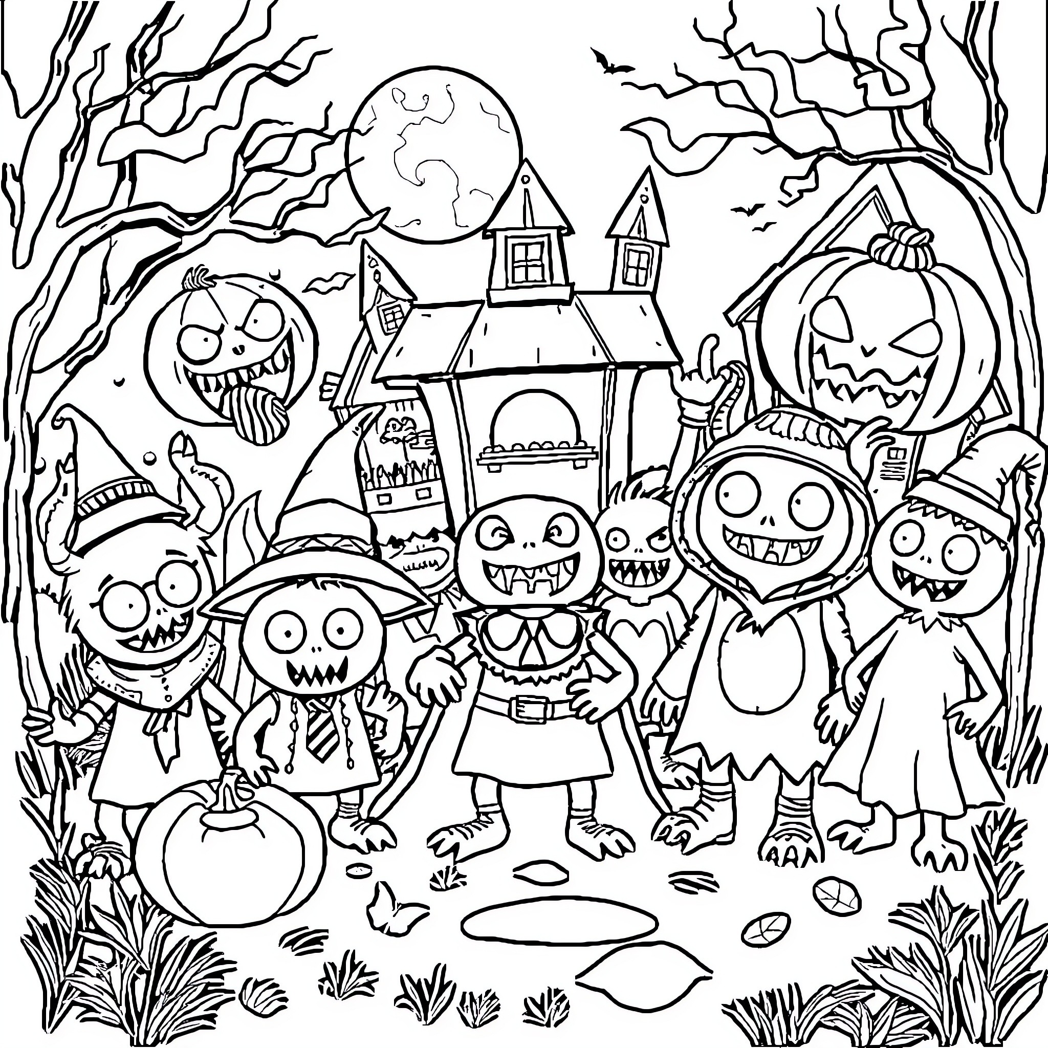Monster Characters in a Spooky Halloween Scene Coloring Page (free black-and-white line drawing printable PDF for all, from beginners to advanced learners, including children, teens, adults, and seniors)