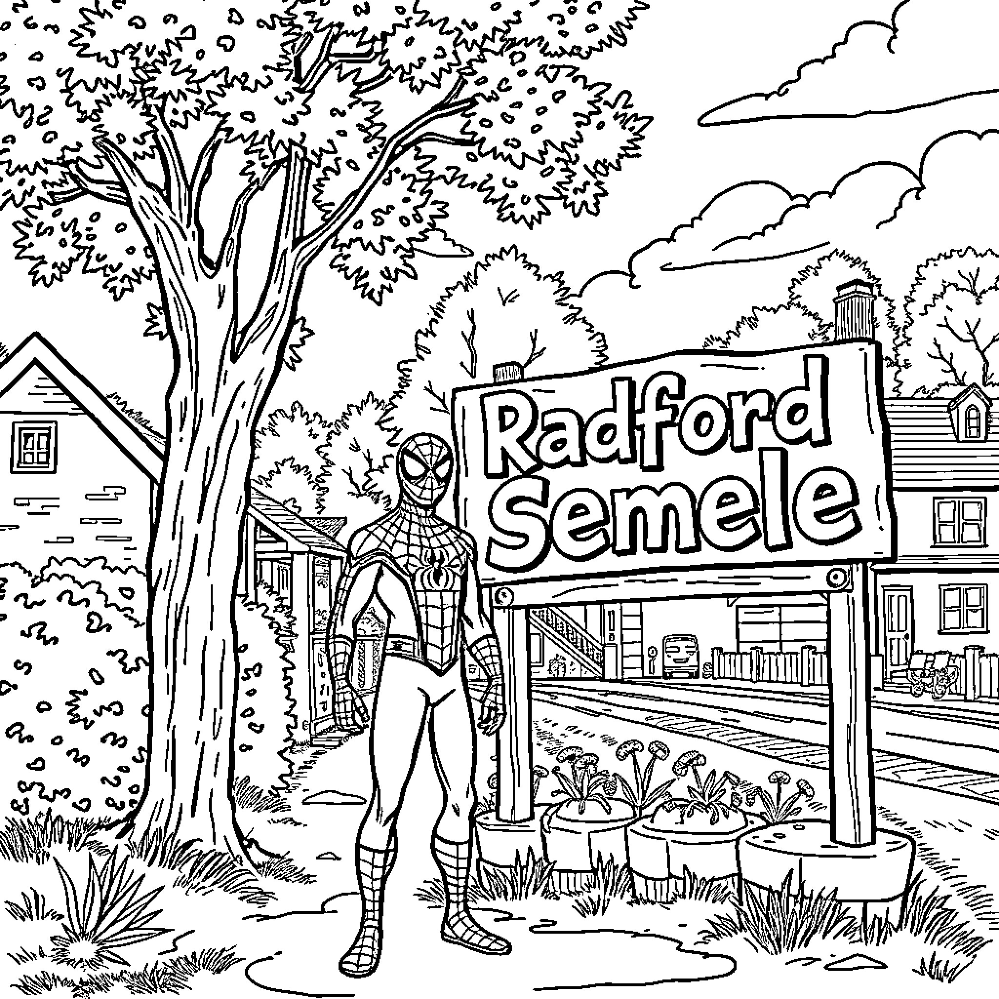 Spiderman on a neighborhood street Coloring Page (free black-and-white line drawing printable PDF for all, from beginners to advanced learners, including children, teens, adults, and seniors)