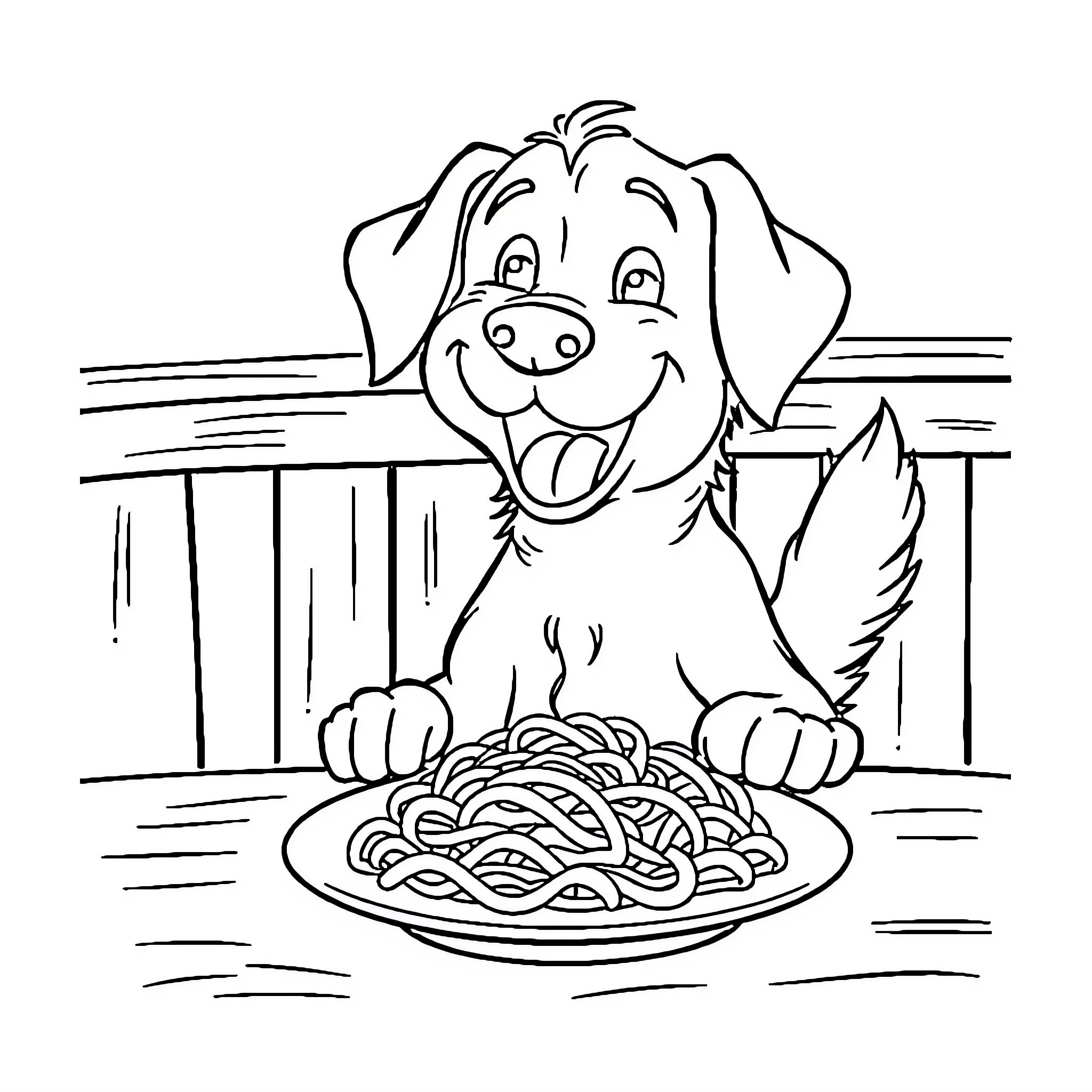 Dog enjoying a plate of spaghetti Coloring Page (free black-and-white line drawing printable PDF for all, from beginners to advanced learners, including children, teens, adults, and seniors)