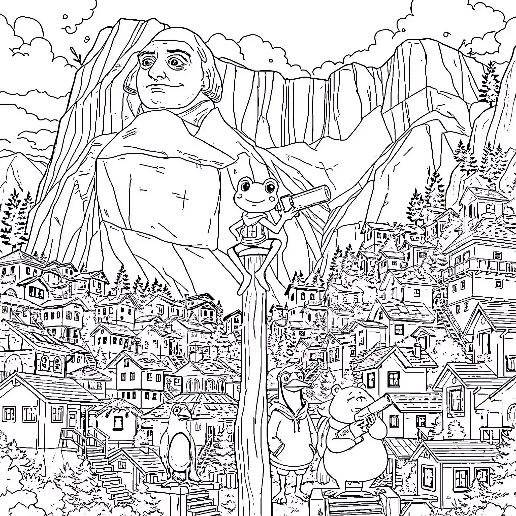 Pepe's Adventure in the Whimsical Mountain Town Coloring Page (free black-and-white line drawing printable PDF for all, from beginners to advanced learners, including children, teens, adults, and seniors)