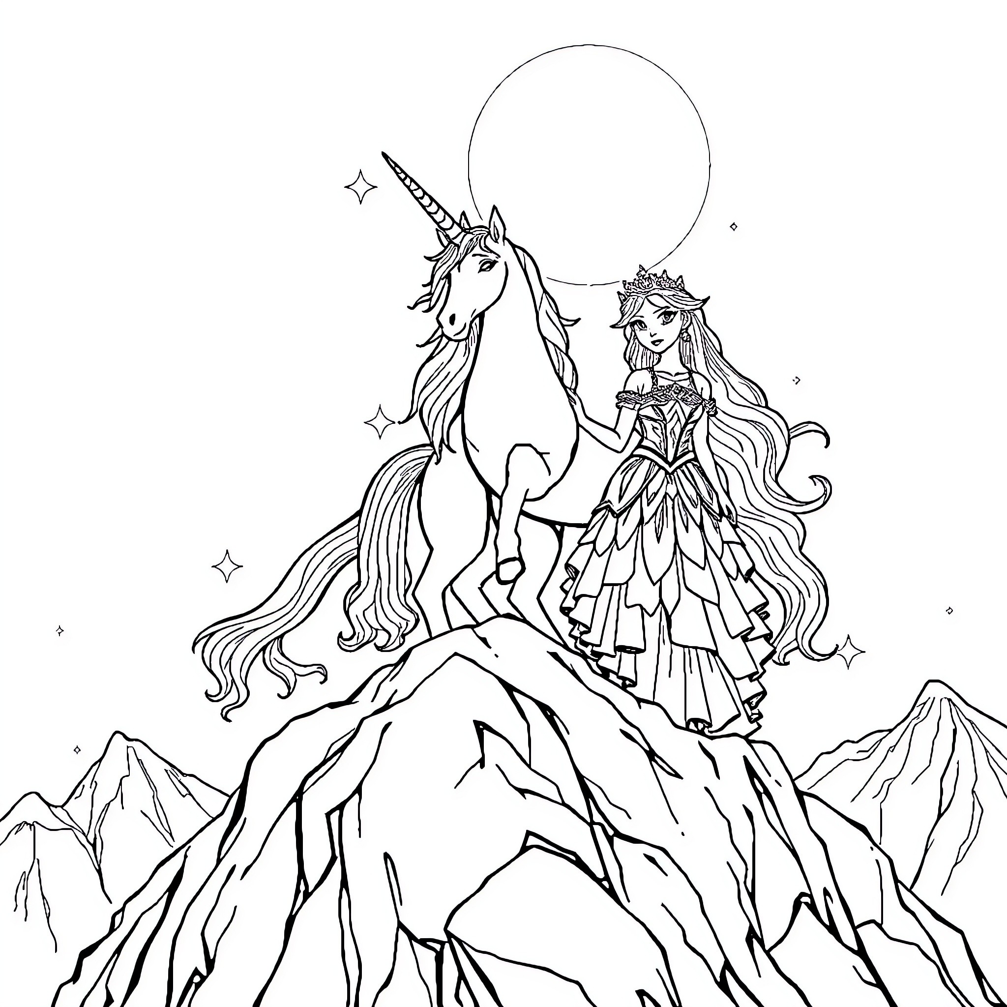 Unicorn and Princess Atop Majestic Mountain Coloring Page (free black-and-white line drawing printable PDF for all, from beginners to advanced learners, including children, teens, adults, and seniors)