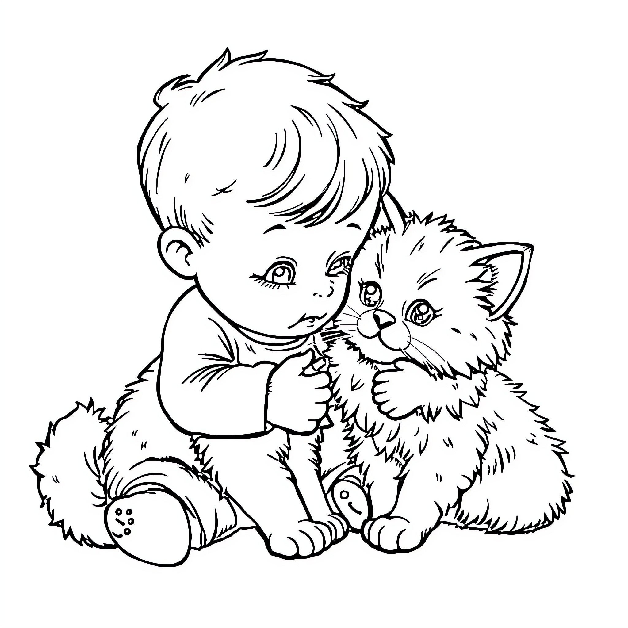 Baby cuddling fluffy kitten affectionately Coloring Page (free black-and-white line drawing printable PDF for all, from beginners to advanced learners, including children, teens, adults, and seniors)