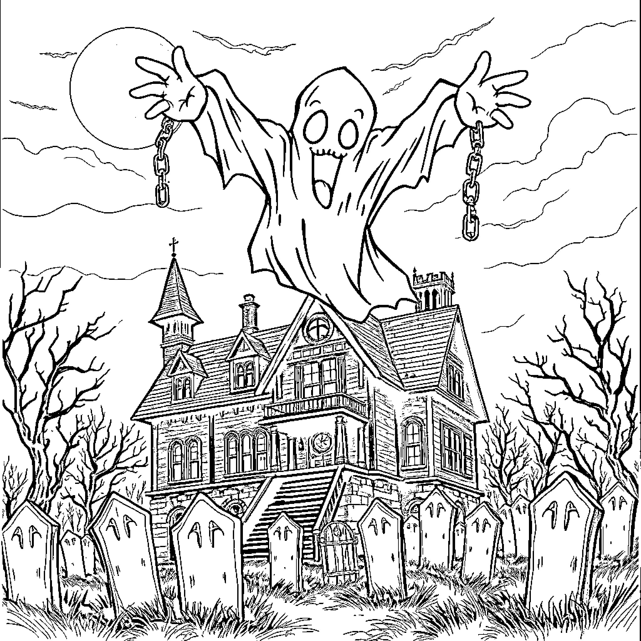 Ghost haunting a spooky mansion in the woods Coloring Page (free black-and-white line drawing printable PDF for all, from beginners to advanced learners, including children, teens, adults, and seniors)
