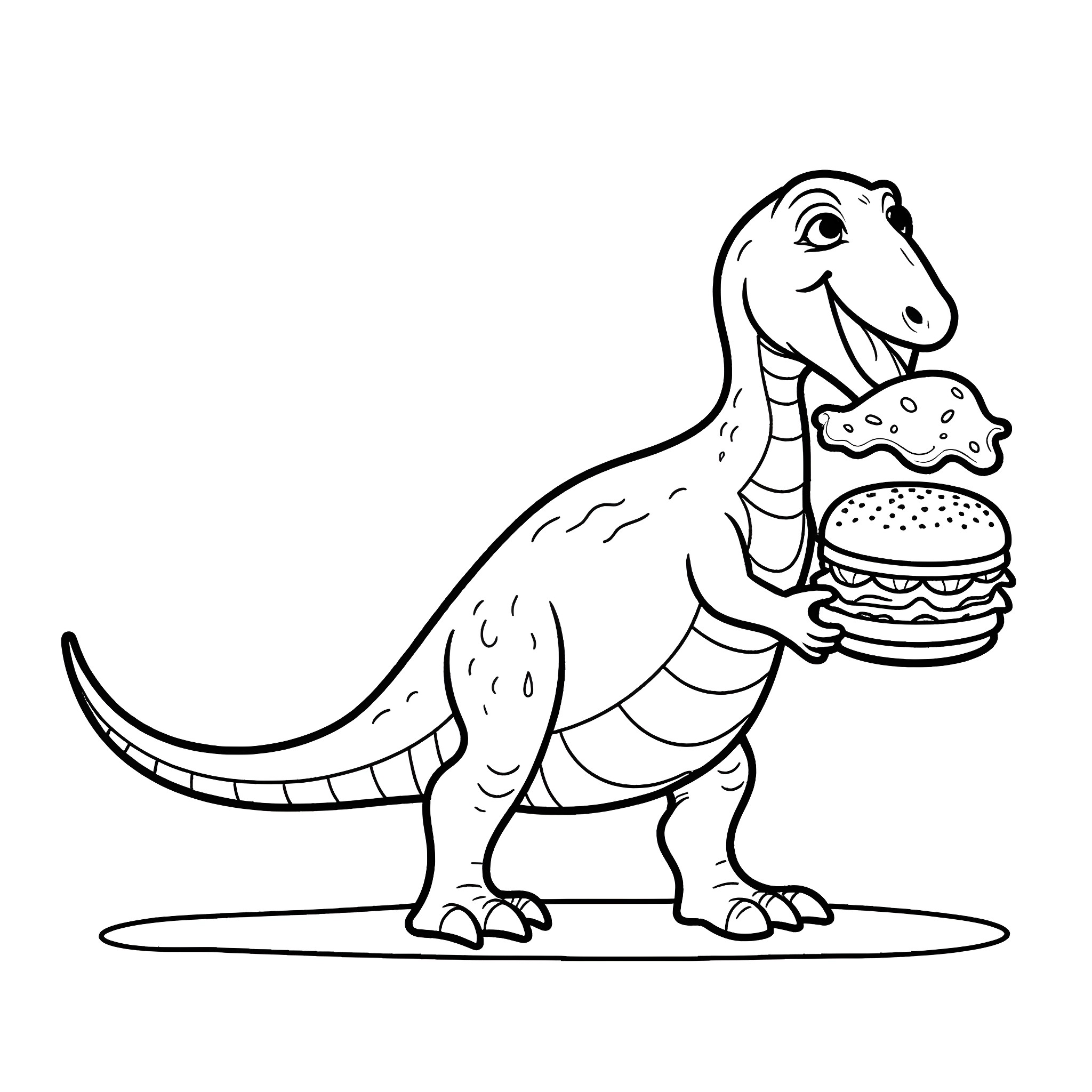 Dinosaur holding a tasty burger Coloring Page (free black-and-white line drawing printable PDF for all, from beginners to advanced learners, including children, teens, adults, and seniors)