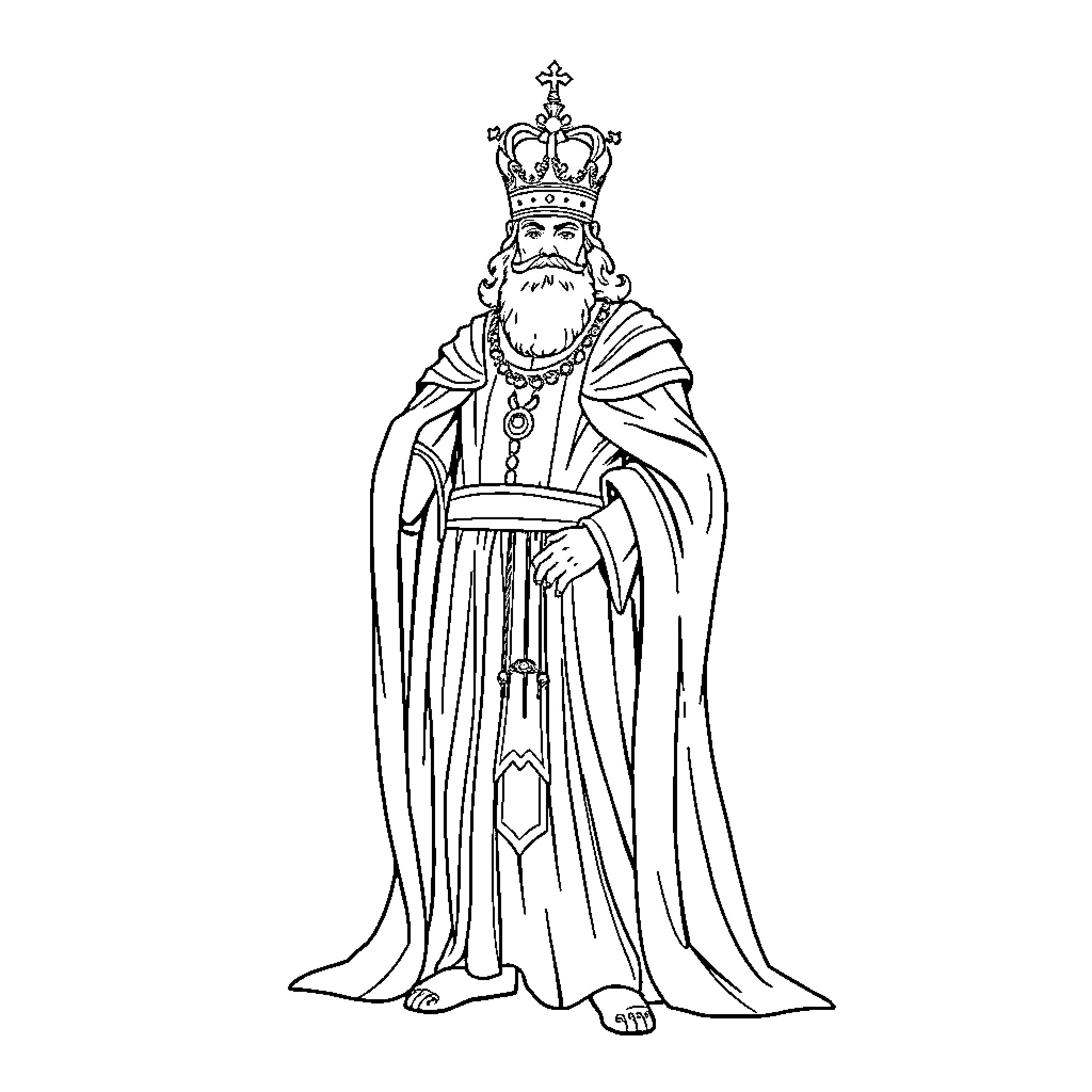Indumino Rex: Regal Monarch in Ornate Regalia Coloring Page (free black-and-white line drawing printable PDF for all, from beginners to advanced learners, including children, teens, adults, and seniors)